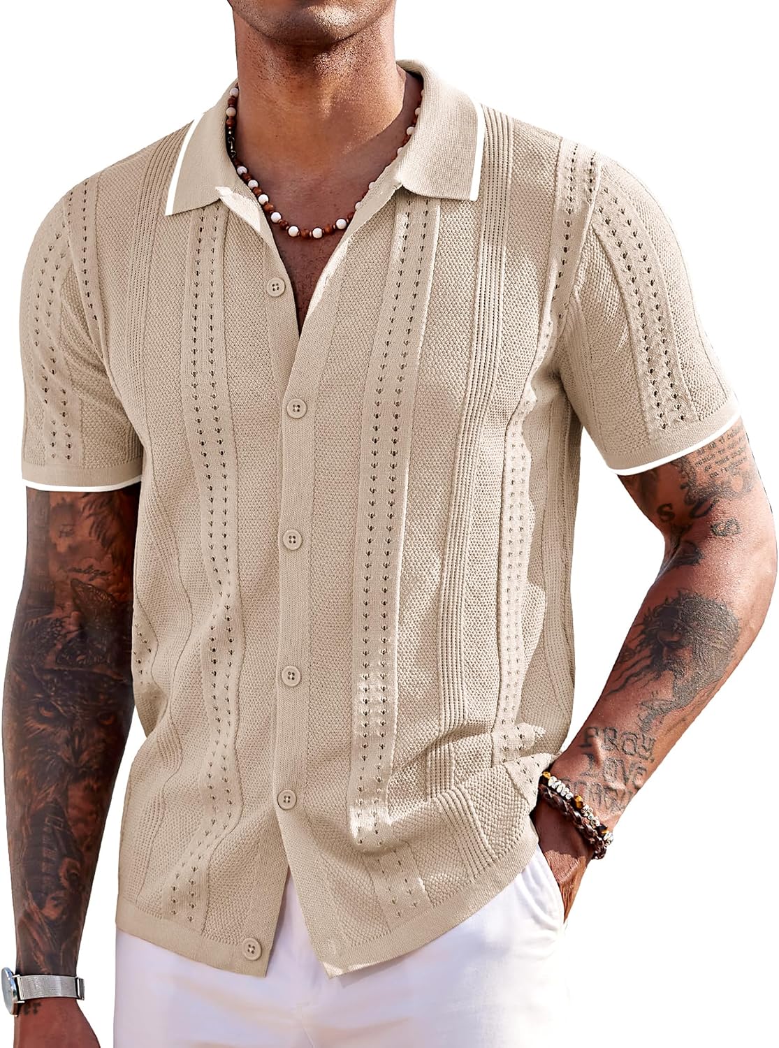 Detalle de COOFANDY Men's Knit Button-Down Shirt, Short Sleeve, Hollow-Knit Design