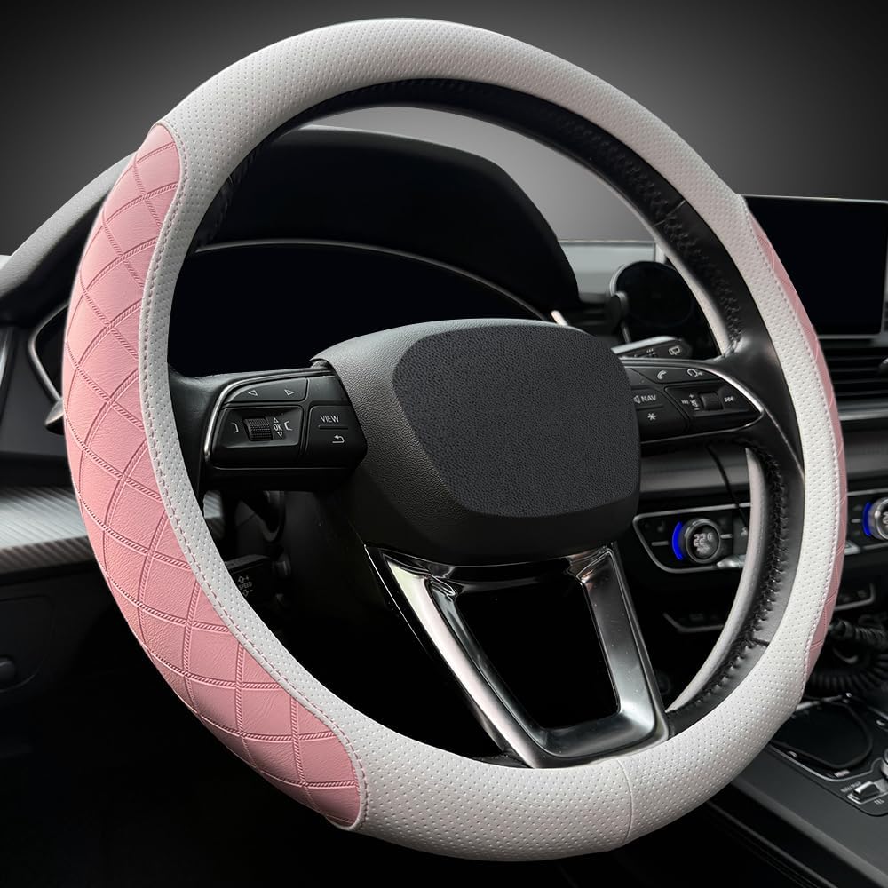 Thumbnail 1 de LKWLIKEI Nappa Leather Steering Wheel Cover with Diamond Checkered Design (White & Pink) — Fits 14.5–15 in