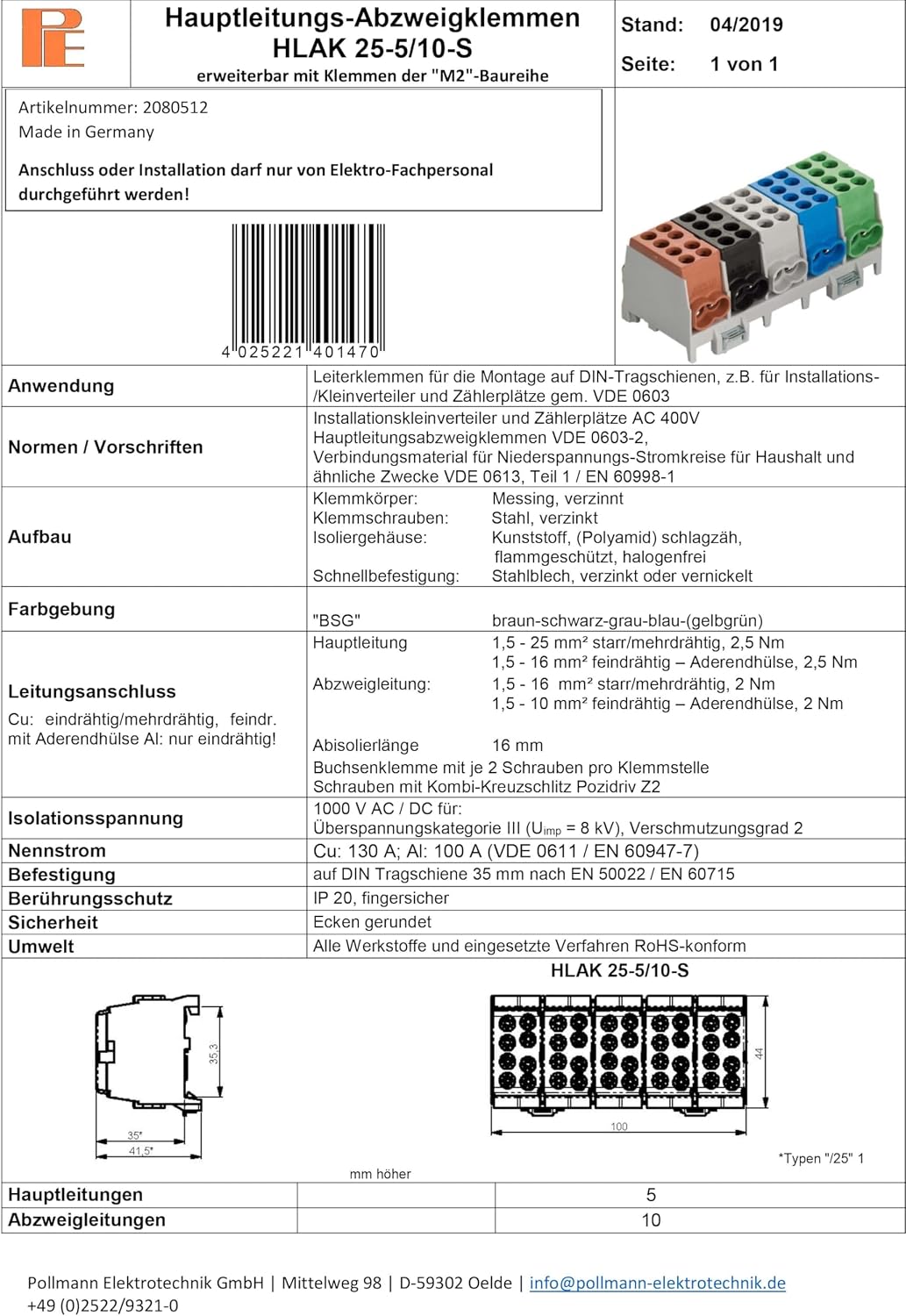 Detalle 2 de Pollmann Hauptleitungs Abzweigklemme 5-polig für Hutschiene – 1000 V, VDE-geprüft, 1 Stück