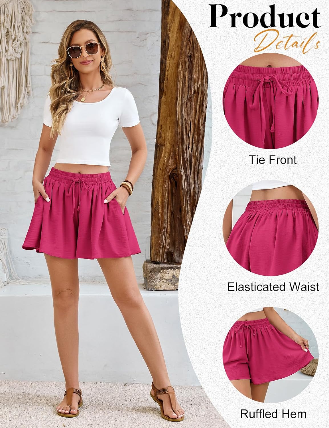 Detalle 2 de Fashora Women's Shorts Summer Casual Loose Flowy Pleated Shorts with Elastic High Waist Drawstring and Pockets