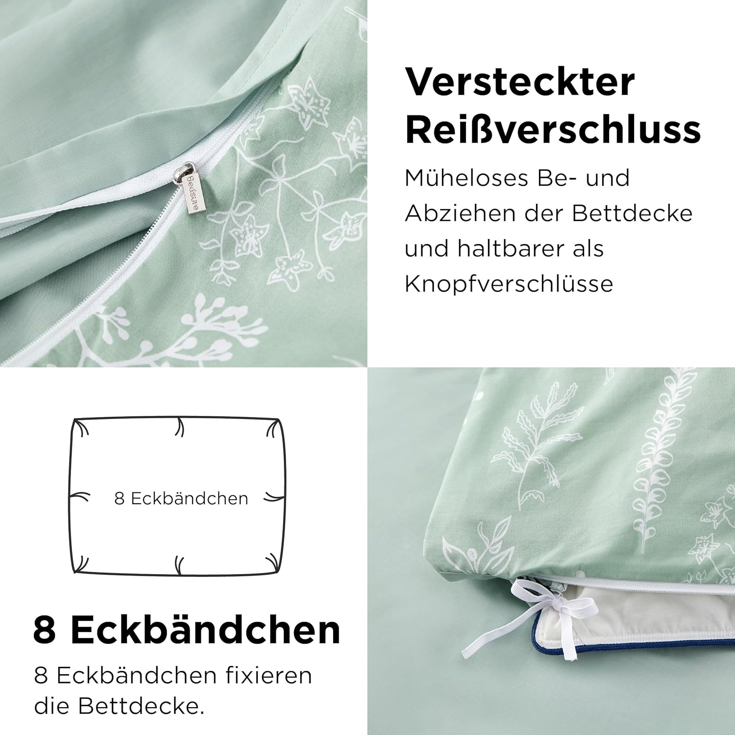 Thumbnail 3 de BEDSURE Bettwäsche 135x200 (4-teilig) aus Baumwolle, grün mit Pflanzenblumen-Muster, mit Reißverschluss