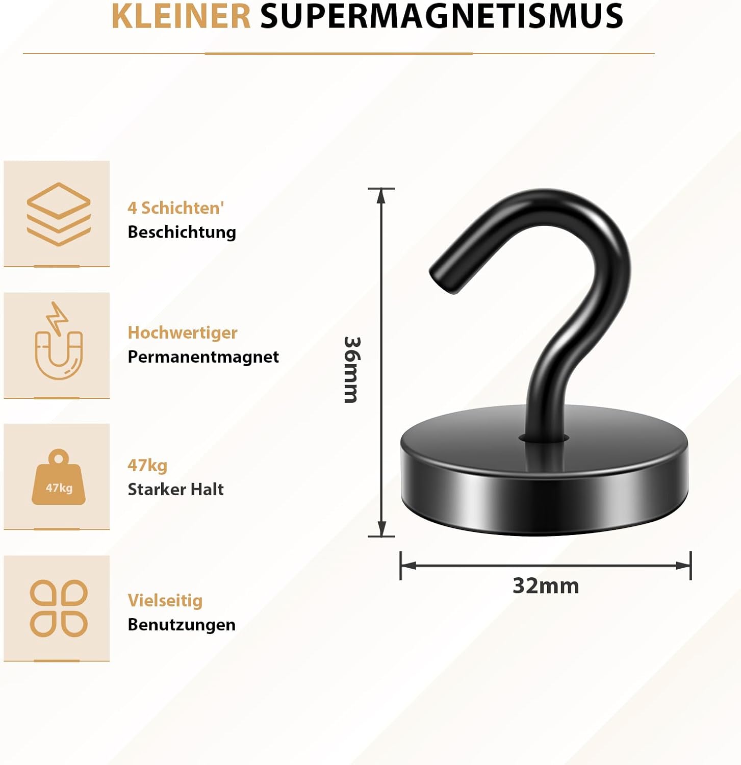 Detalle 2 de Neosmuk Magnethaken Schwarz – 47 kg Zugkraft, Extra Stark für Werkstatt, Camping und Haushalt