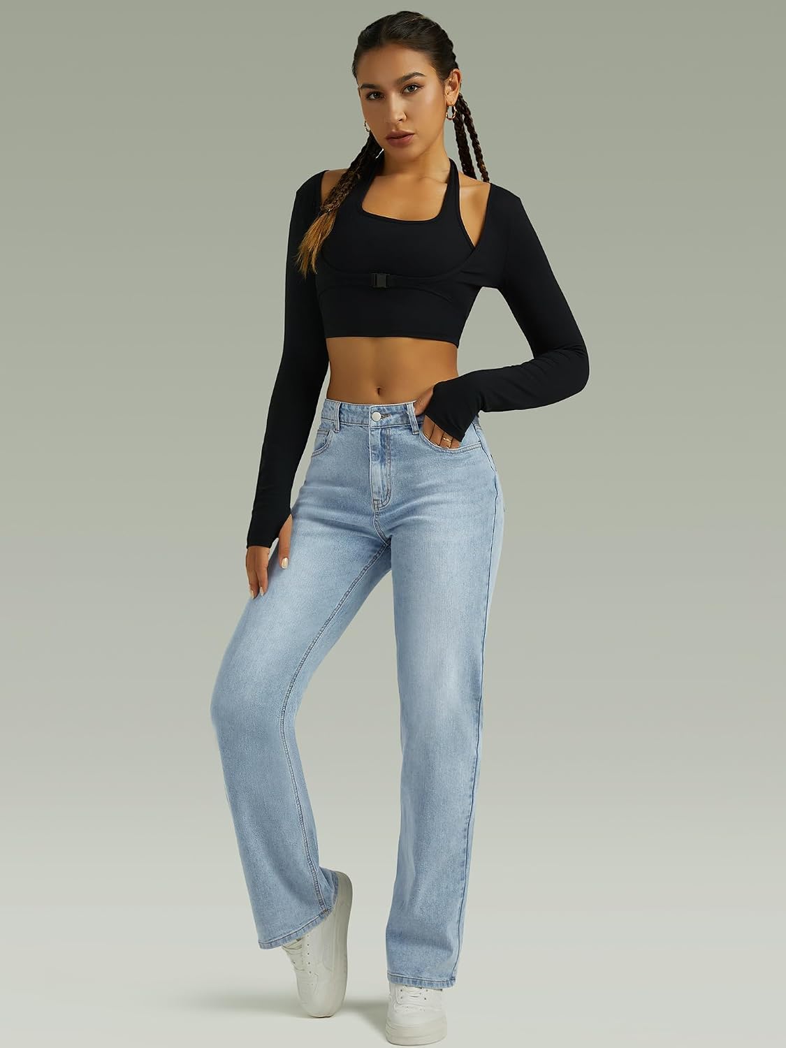 Detalle de FUNUCA Women's High-Rise Wide-Leg Straight-Leg Jeans in Stretch Denim