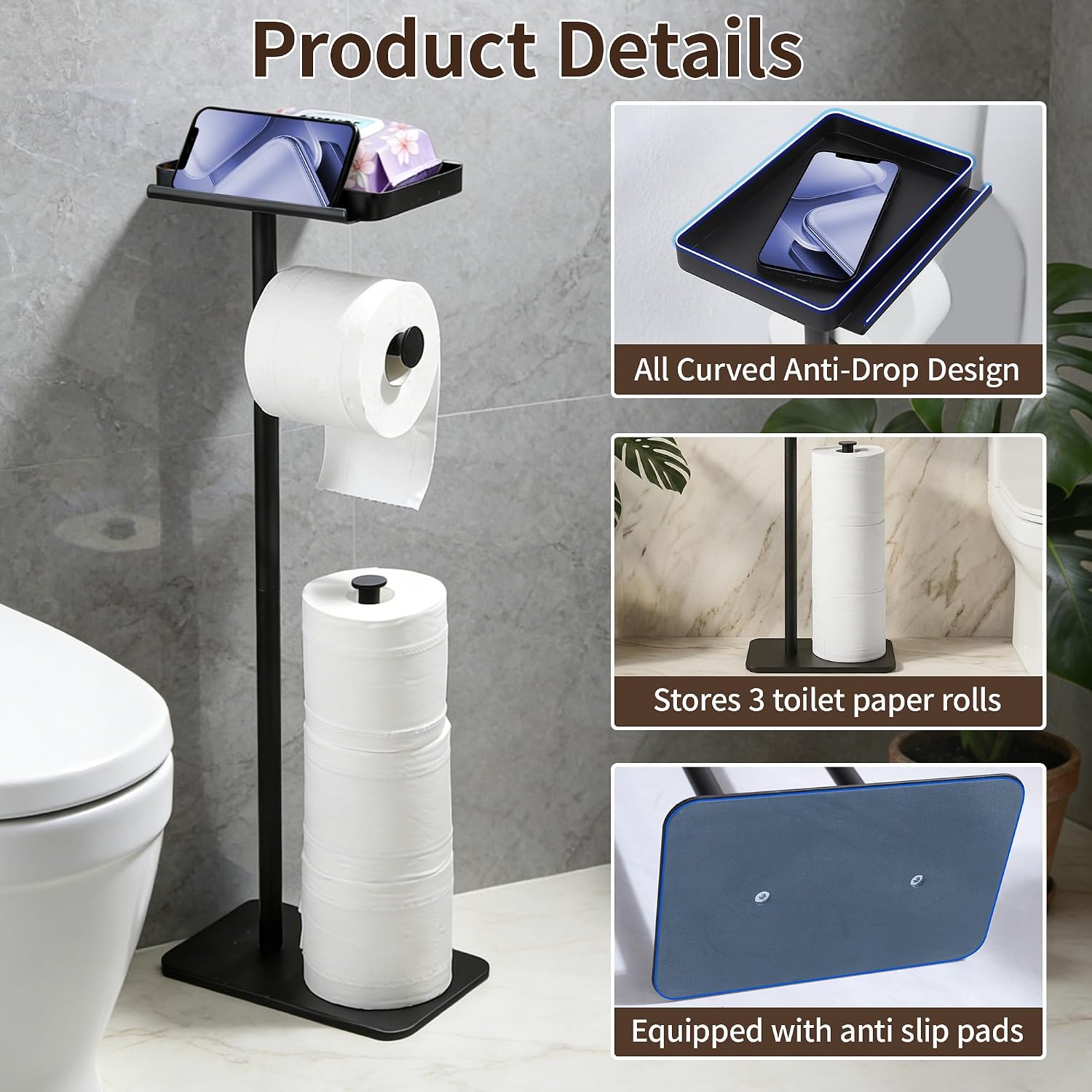 Detalle de ZUNTO Freestanding Toilet Roll Holder with Shelf – Matte Black, No Drilling, Holds 3 Rolls