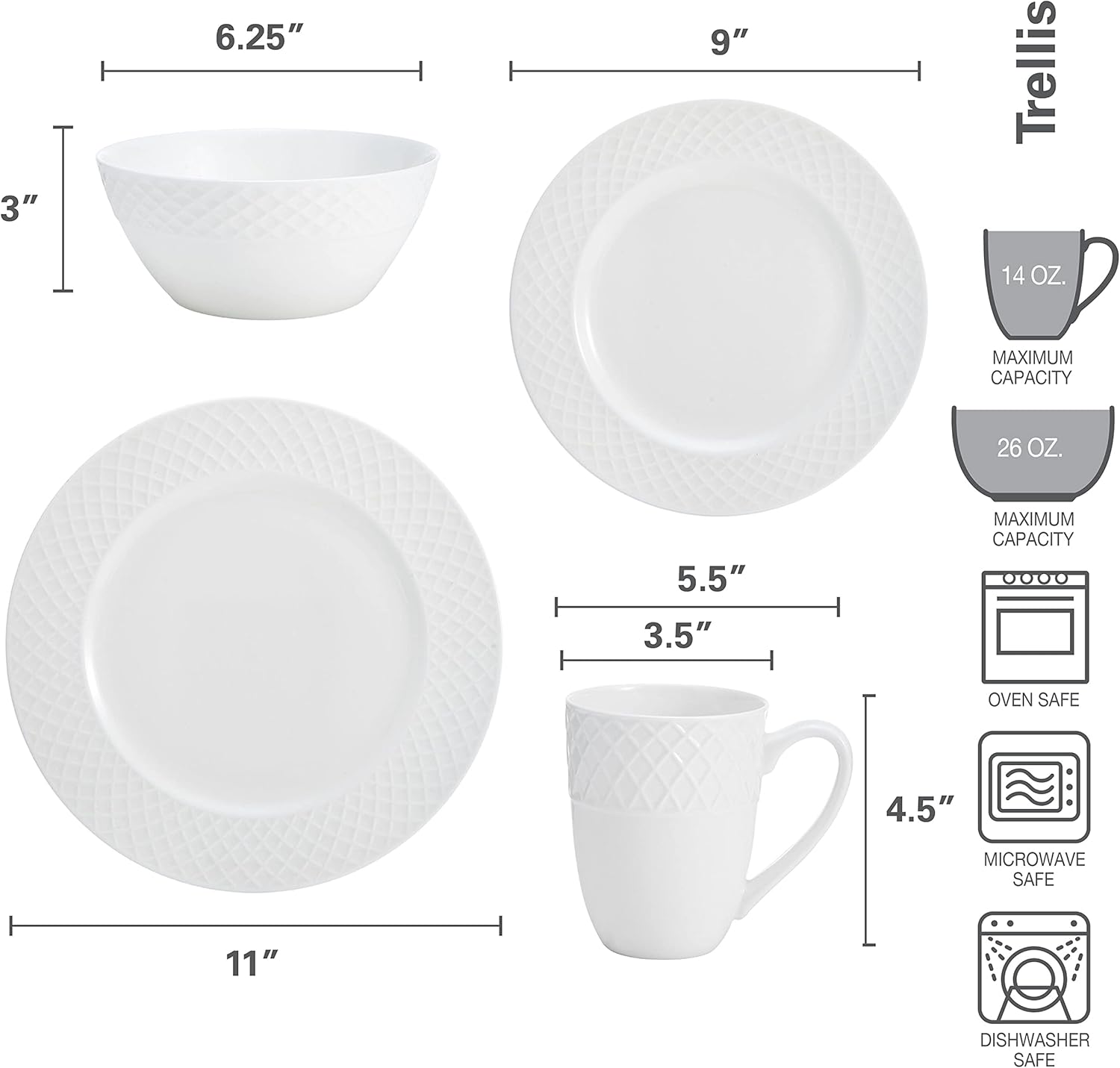 Thumbnail 5 de Mikasa Trellis 16-Piece Bone China Dinnerware Set in White (Plates, Bowls, and Mugs)