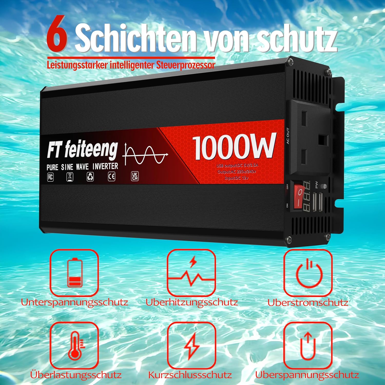 Thumbnail 4 de 1000W 12V to 240V Pure Sine Wave Inverter with Dual USB 3.1A, LED Display and 6 Protections