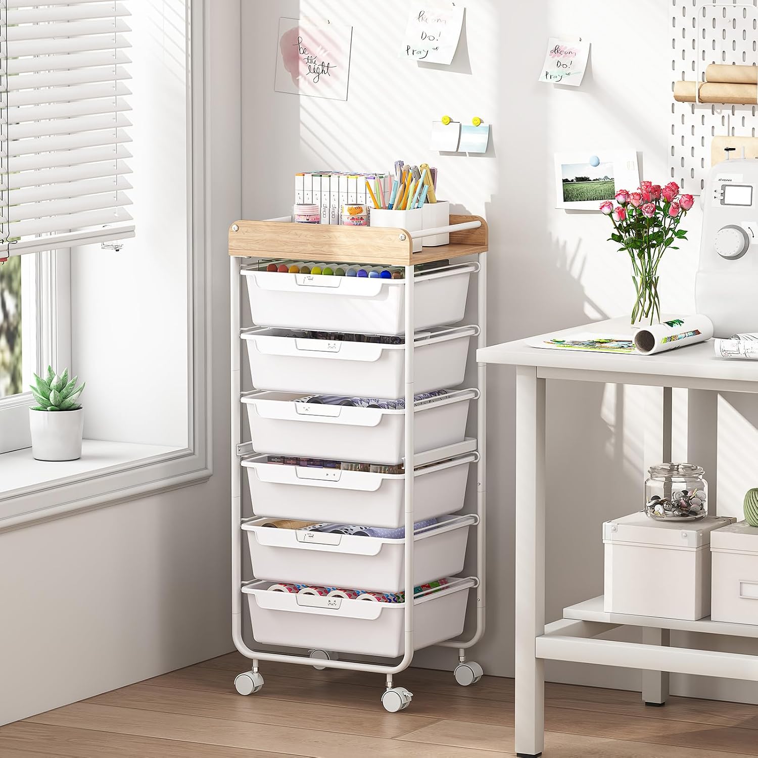 Detalle de SYKIARIOL 1431+1233+1432 6-Drawer Rolling Storage Cart with Wooden Top, White