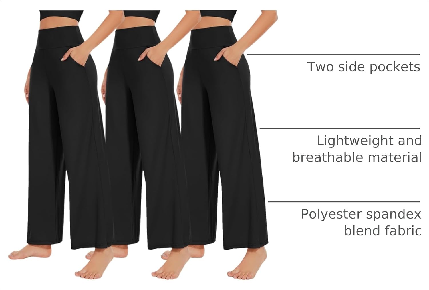 Detalle de NEW YOUNG 3 Pack Women's Wide Leg Pants with Pockets High Waist - Comfortable, Travel-Ready Palazzo
