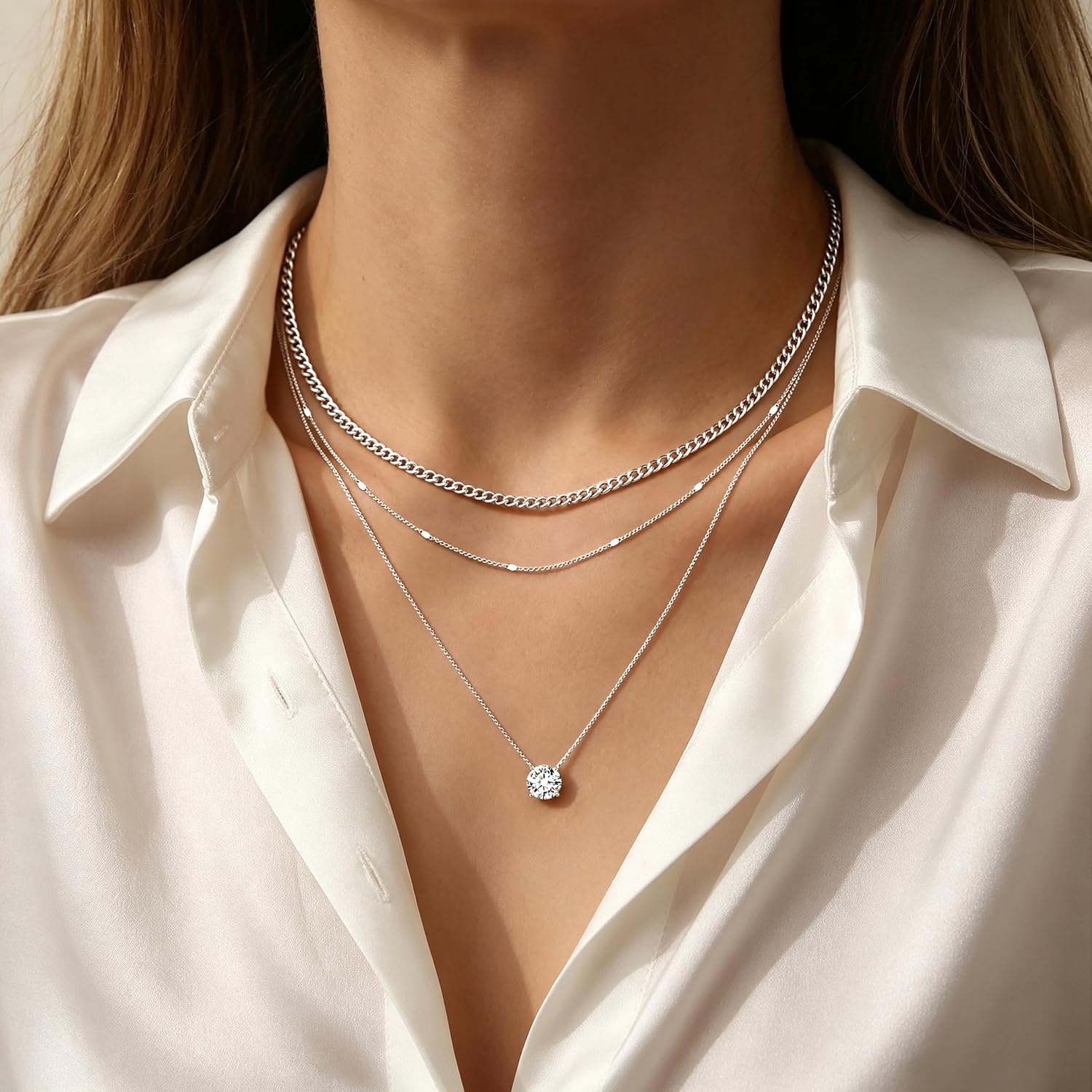 Detalle de WomenGifts Layered Necklace Set with Cuban Choker and CZ Pendant