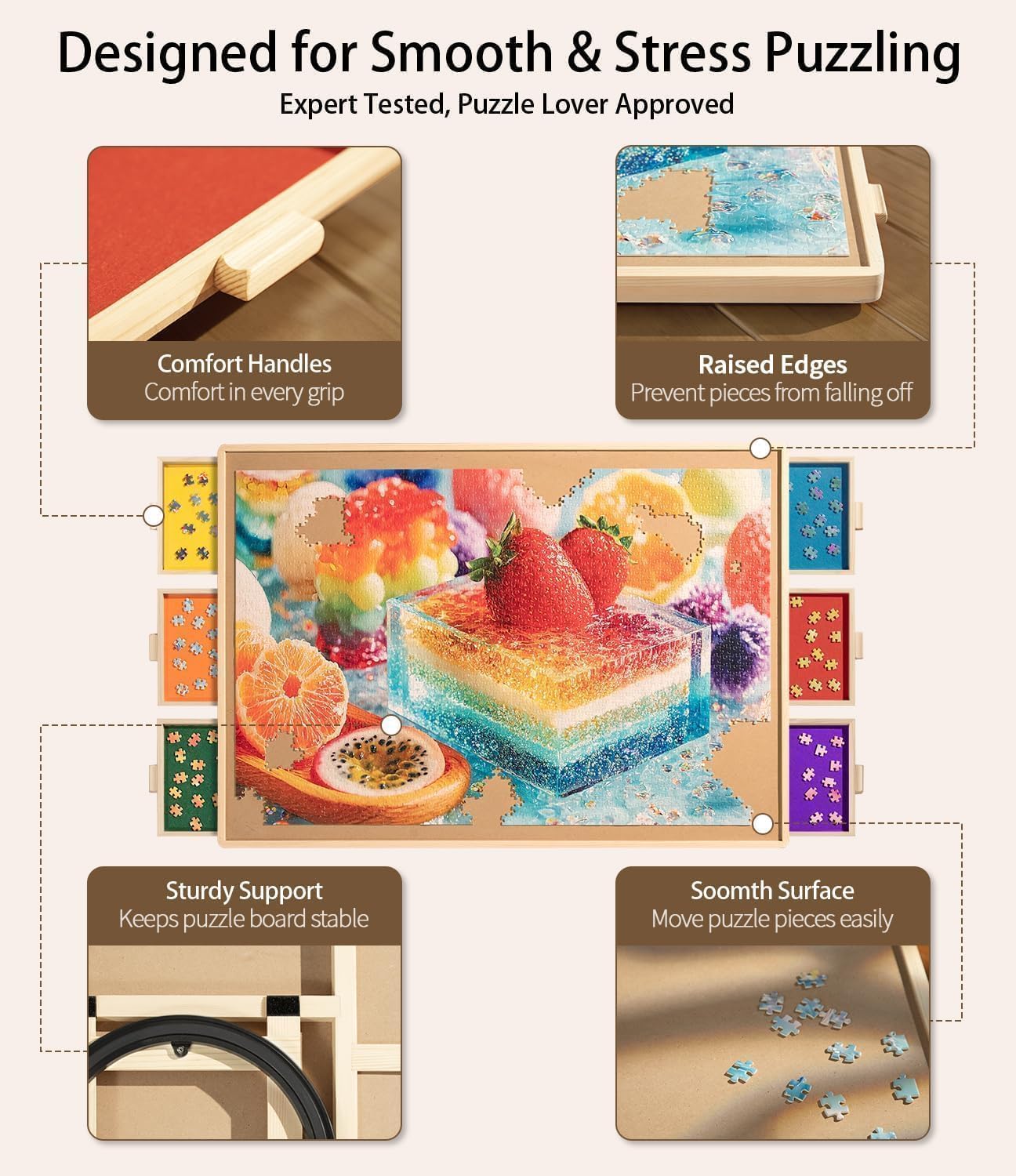 Detalle de 1500-Piece Wooden Puzzle Board (34" x 25") with 6 Drawers, Felt Trays & 360° Lazy Susan