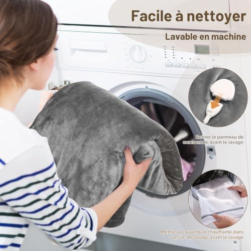 Detalle de OneAmg Couverture chauffante 155 × 180 cm en flanelle grise, 6 niveaux