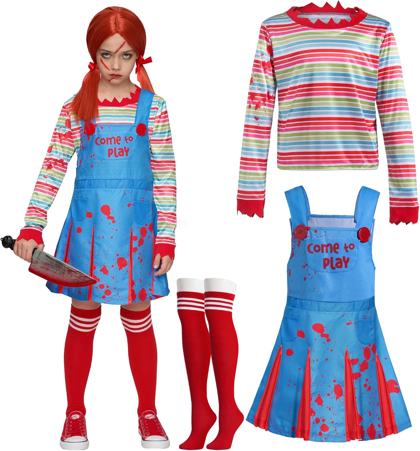Detalle de Spooktacular Creations Creepy Doll Costume for Kids with Rainbow Shirt and Knee-High Socks