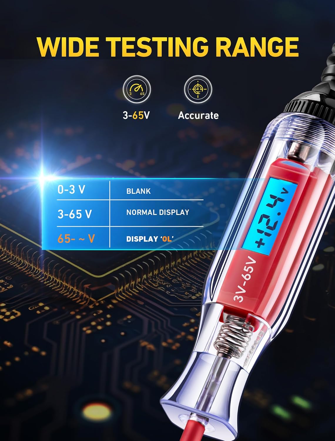 Detalle de Heavy Duty 3-65V Backlit Digital LCD Circuit Tester with 140" Extended Spring Wire