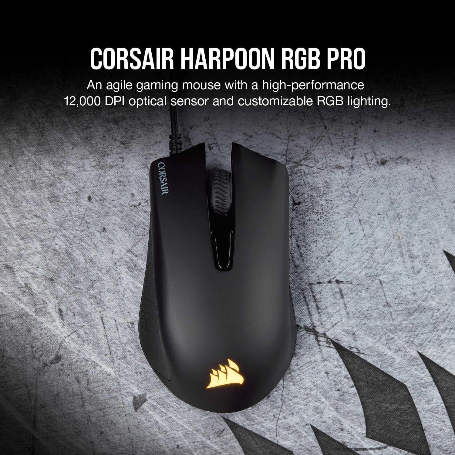 Detalle de Corsair Harpoon RGB Pro gaming mouse (optical, 12,000 DPI) — lightweight FPS/MOBA control