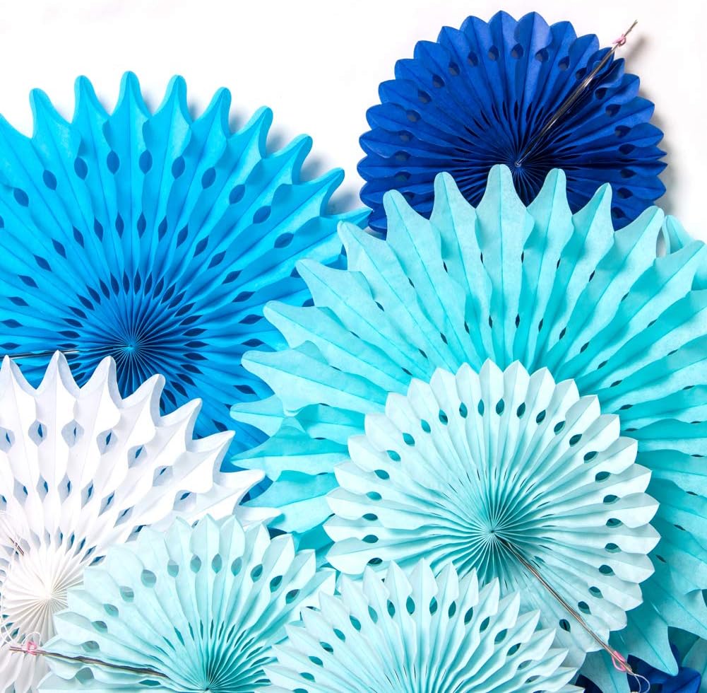 Detalle 1 de SUNBEAUTY Papier-Fächer-Girlande (15 Stück) in Blau und Weiß für Party-Deko