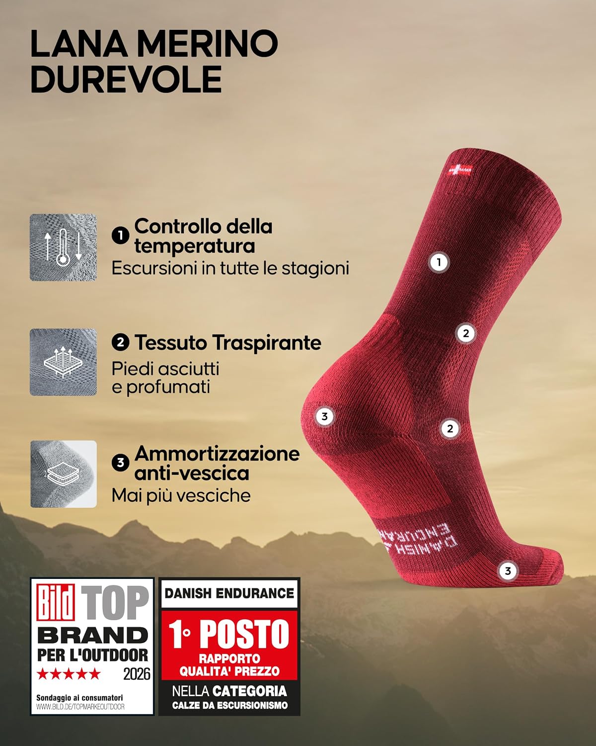Detalle 2 de Danish Endurance calze trekking in lana merino anti-vesciche (uomo, donna, bambino) da 3 o 5 paia