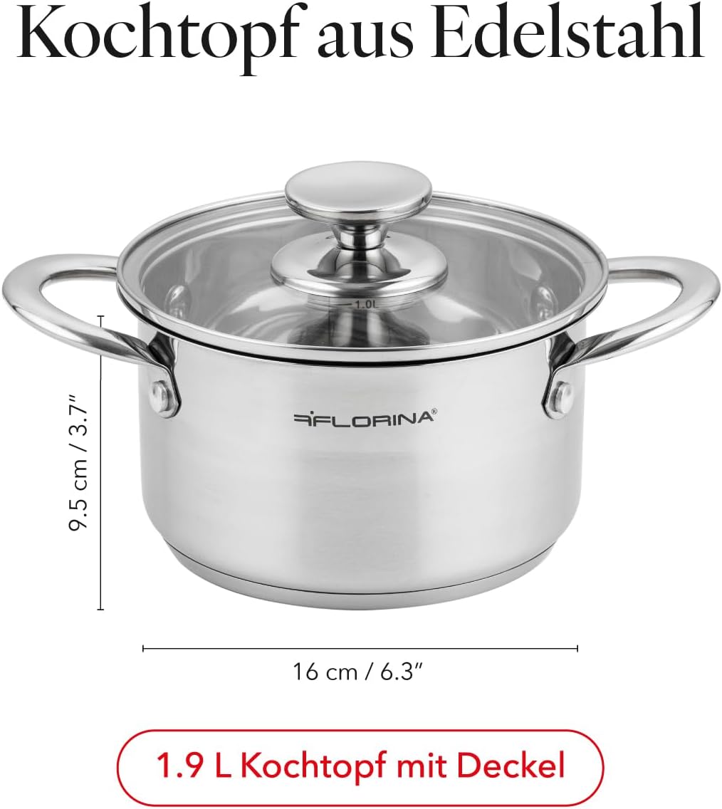 Detalle de FLORINA Falcon Edelstahl-Kochtopf 1,9 l (Ø 16 cm) mit Glasdeckel und Innenskala