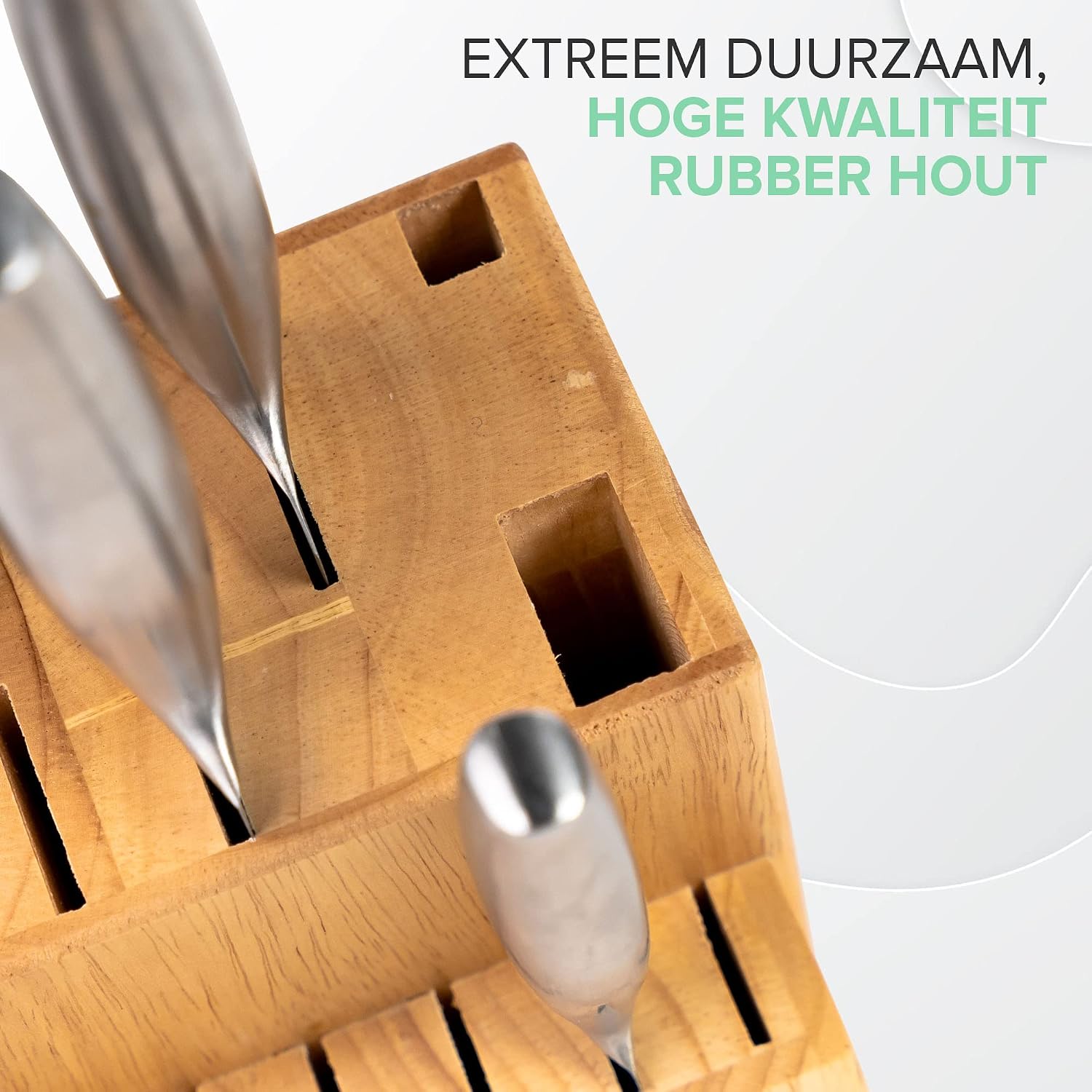 Detalle de Coninx 4019P messenblok van rubberhout voor 15 messen en een keukenschaar