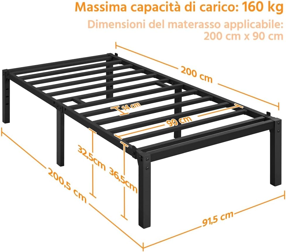 Detalle de Yaheetech Rete Letto Singolo in Metallo 90 × 200 cm con Altezza 32 cm – Nero opaco