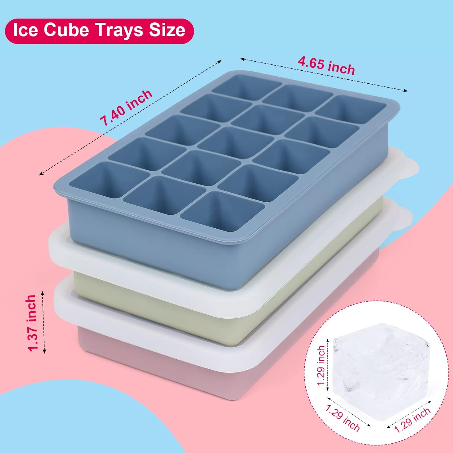 Thumbnail 1 de Eiswürfelform Silikon mit Deckel – 3 Stück, 45 Würfel (3,5 cm), blau/grün/rosa