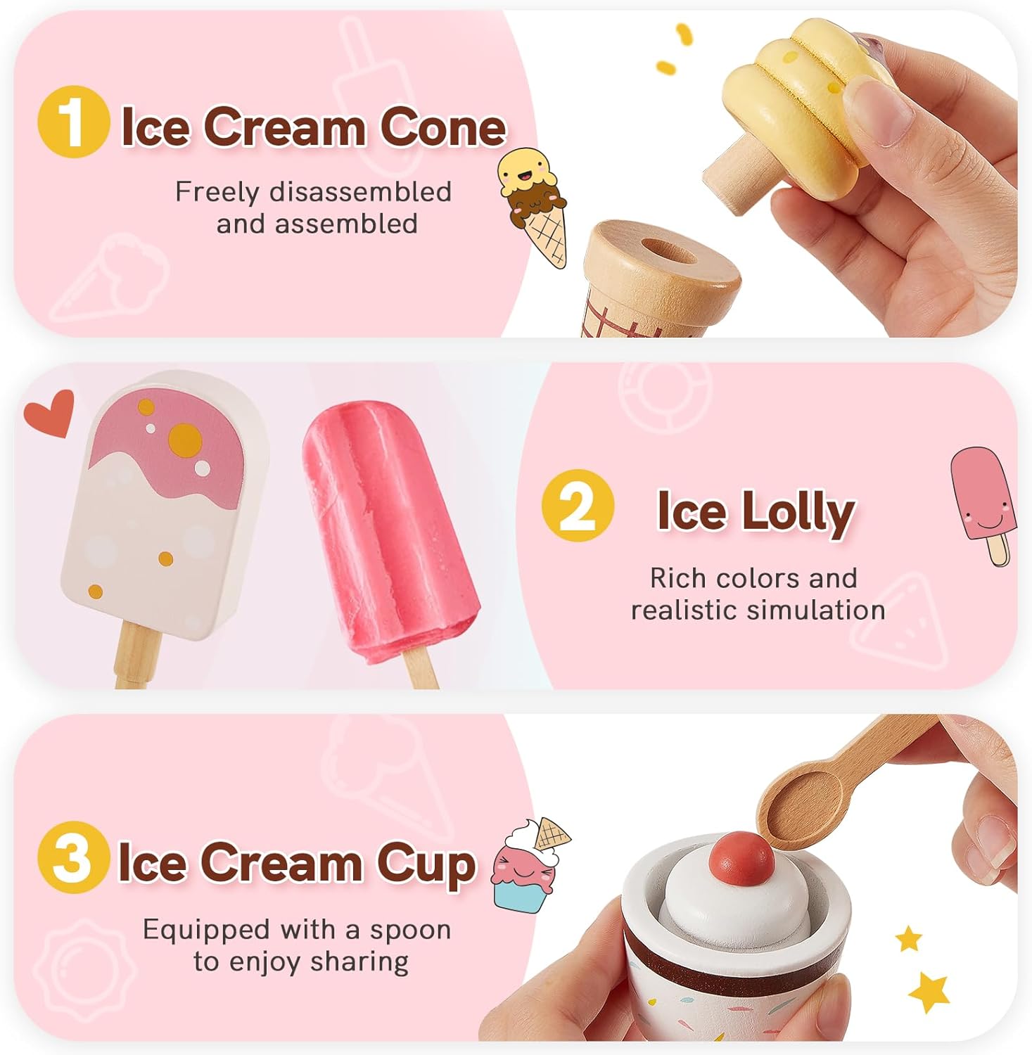 Thumbnail 3 de HERSITY Wooden Ice Cream Counter Shop Pretend Play Food Set (Pink)