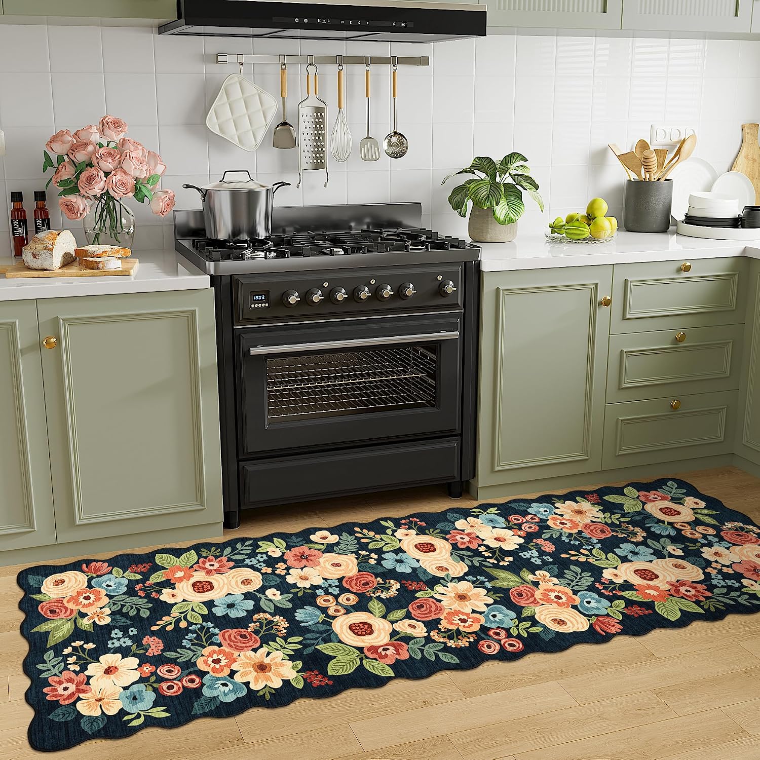 Detalle de DUKINO 2x10 Runner Rug for Hallway: Navy Blue, Non-Slip, Washable Floral Boho Style