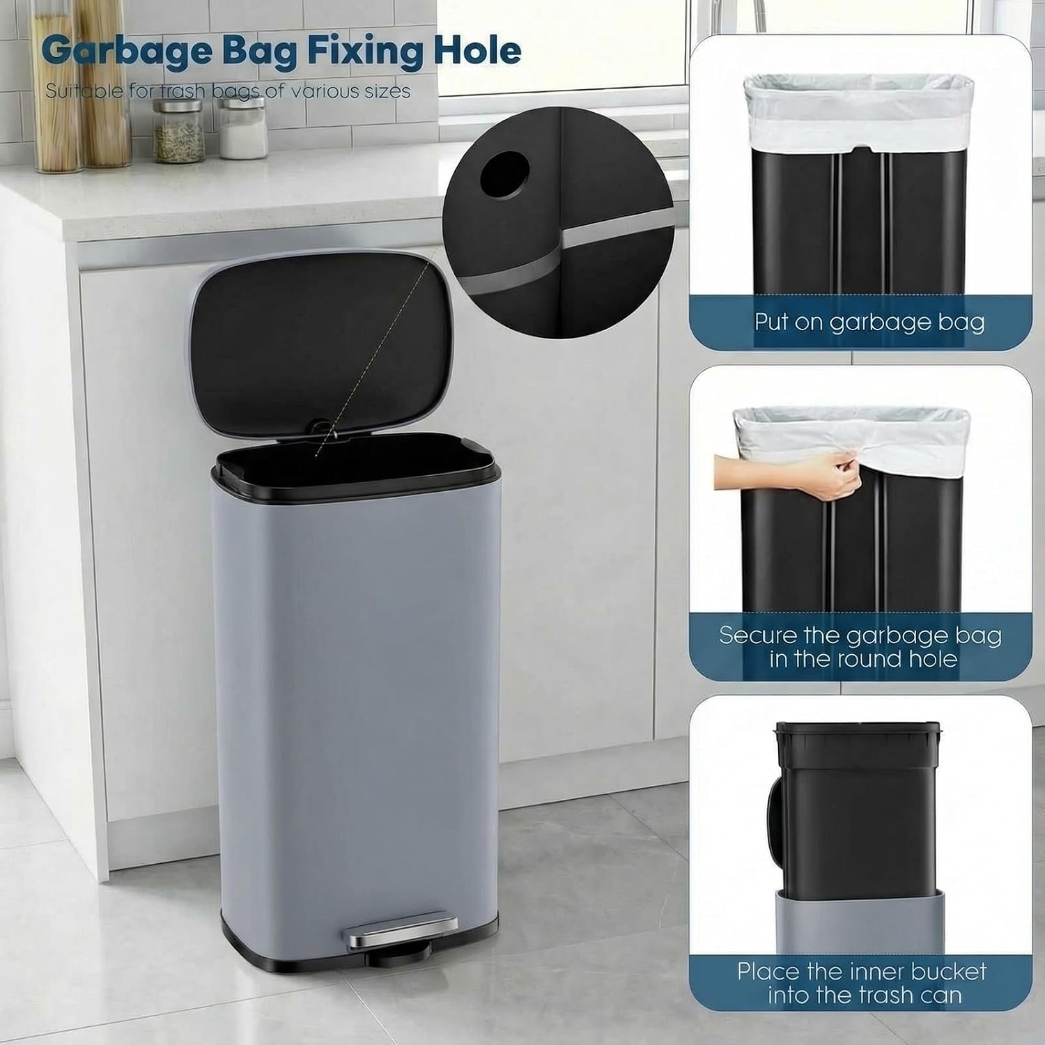 Detalle de ComfyCorner 13.2-Gallon Step-On Kitchen Trash Can, Brushed Stainless Steel
