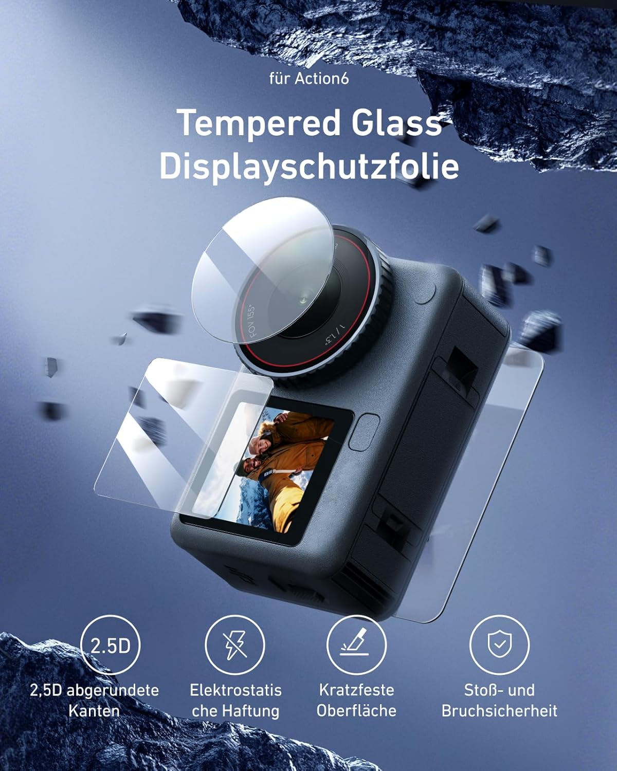 Detalle 2 de TELESIN Displayschutzfolie für DJI Osmo Action 6 – 3er-Set aus gehärtetem Glas (Objektiv, Front- und Rückdisplay) mit Anti-Fingerprint