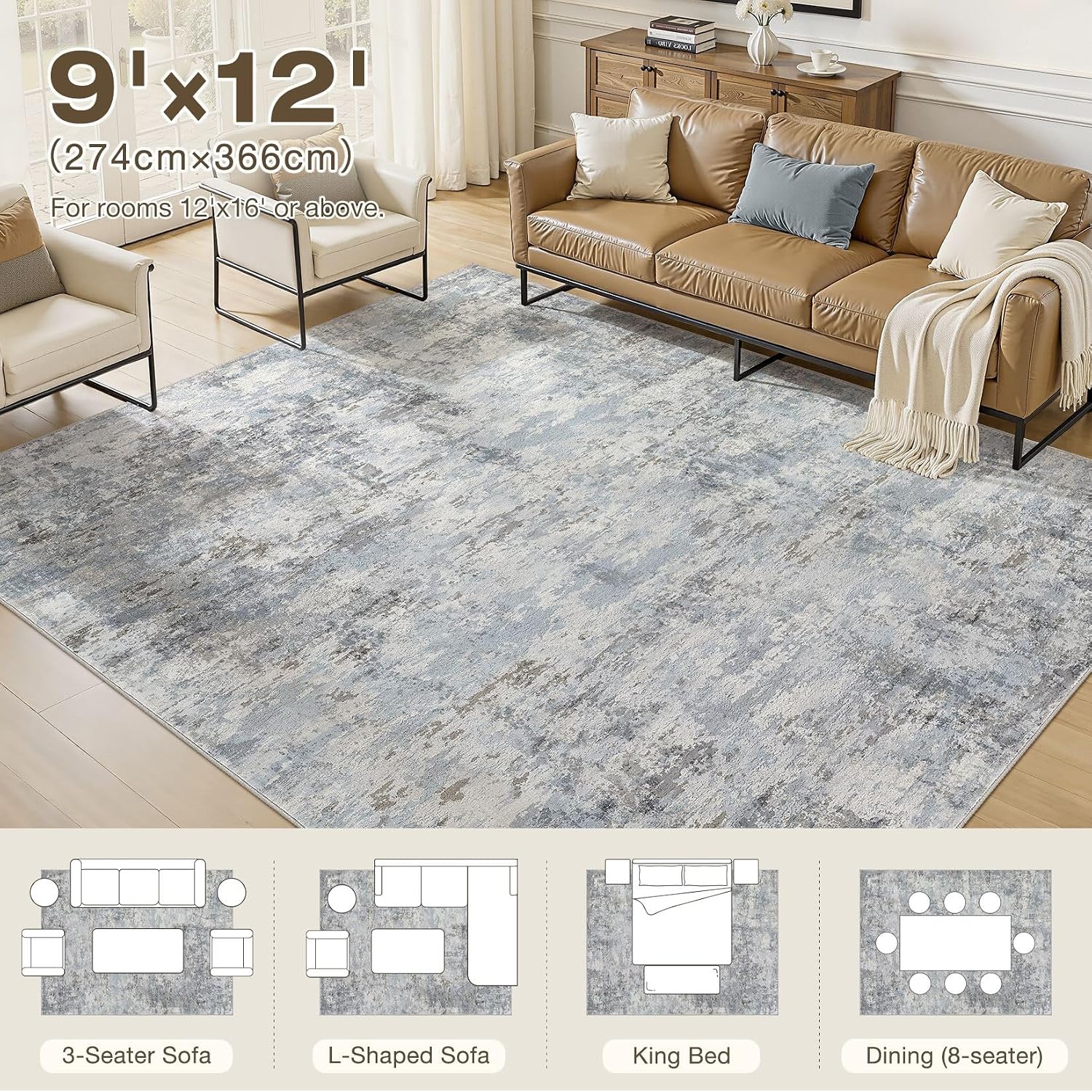 Thumbnail 6 de ELLIUNE 9' x 12' Blue Gray Washable Abstract Area Rug, Low Pile