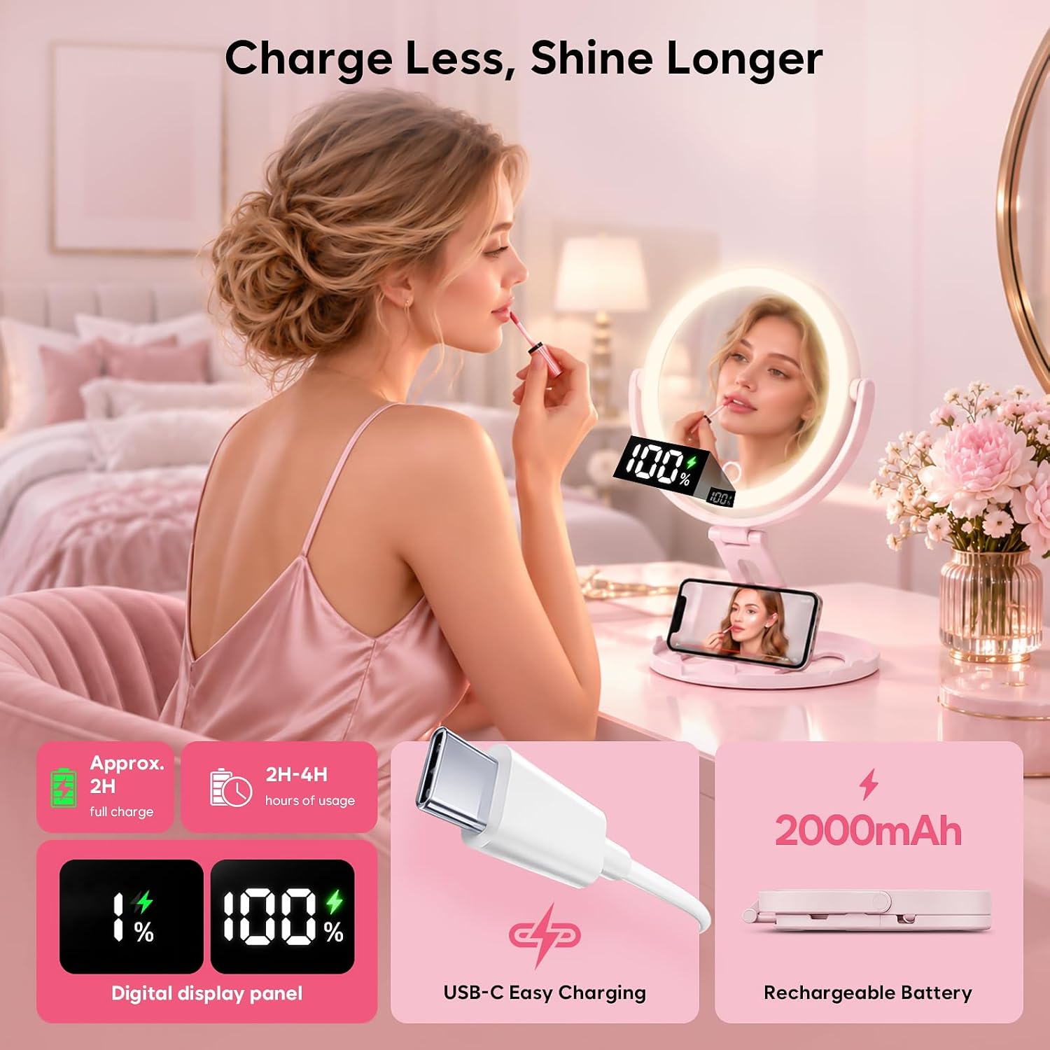 Thumbnail 6 de Travel Makeup Mirror with Lights, 2000mAh Rechargeable Battery