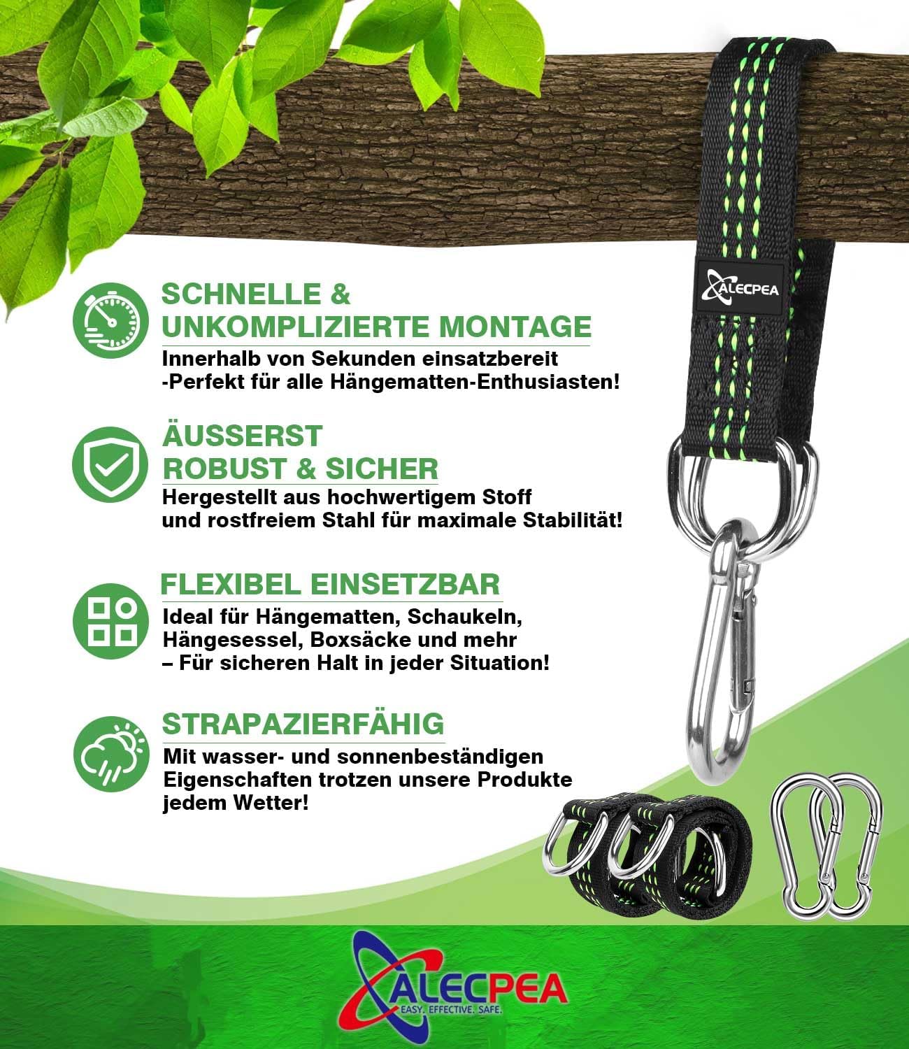 Thumbnail 1 de ALECPEA 2er-Set Schaukelbefestigung für Hängematten – Nylon-Gurte, Schwerlast-Karabiner und D-Ringe