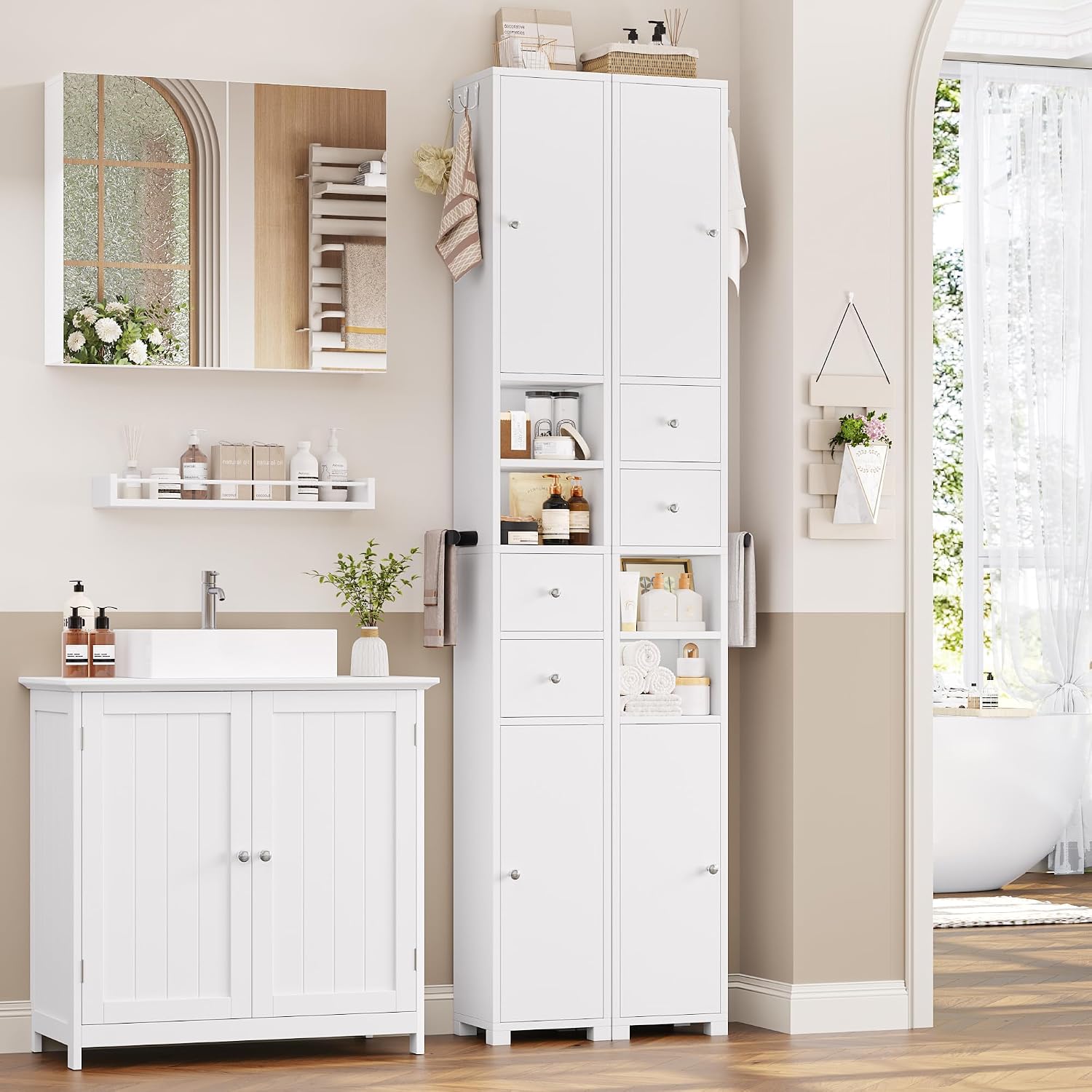 Detalle 2 de FOREHILL M324 Tall Bathroom Cabinet, 20 cm Slim White Storage Unit