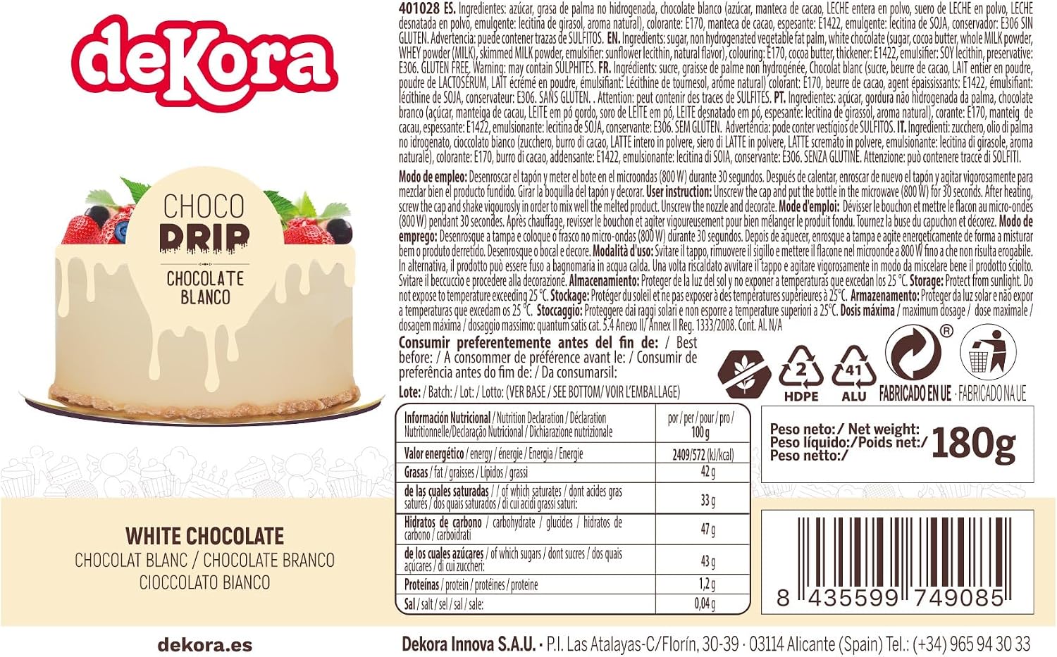 Detalle 1 de Dekora Top Drip Chocolat Blanc – décoration effet goutte pour gâteaux (180 g)