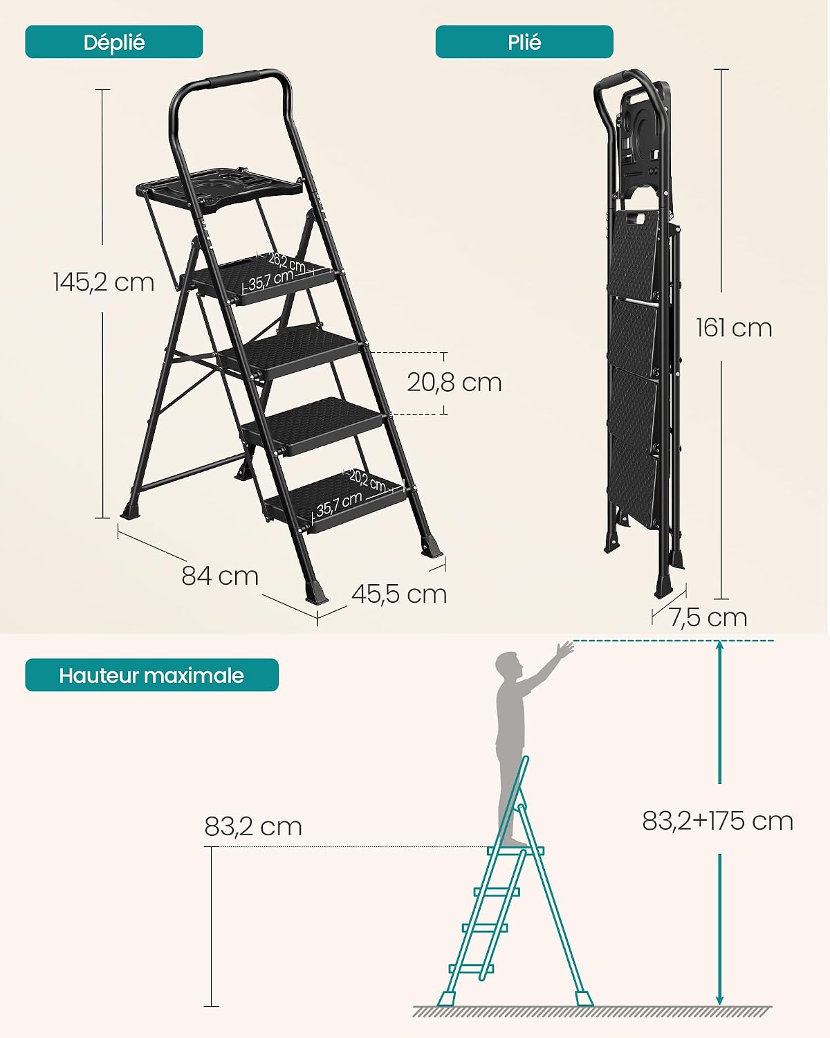 Detalle 2 de SONGMICS GSL204BZ01 vouwladder met 4 treden, stalen frame en antislip