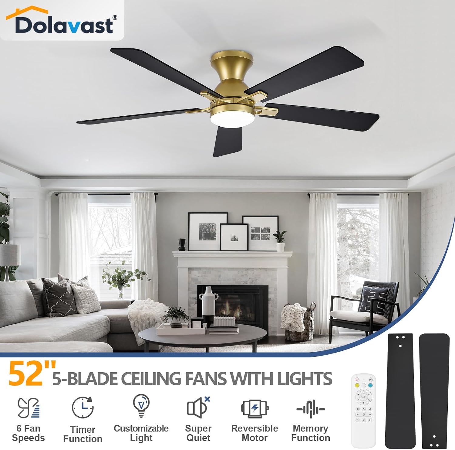 Thumbnail 1 de Dolavast HY-6162-5/52 52-Inch Flush-Mount Ceiling Fan with Light