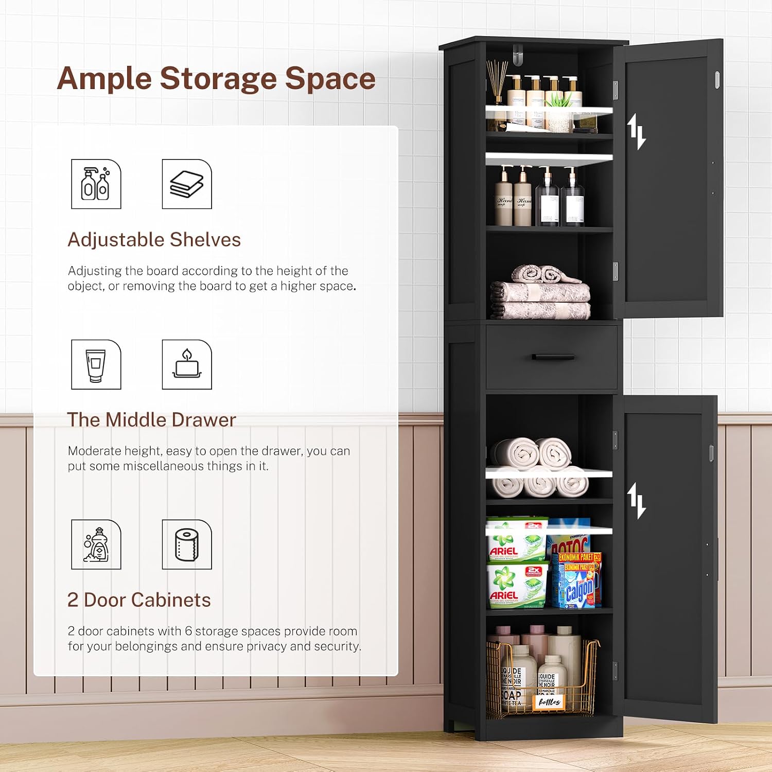Detalle 1 de TEENFON Tall Bathroom Storage Cabinet, 6 Shelves