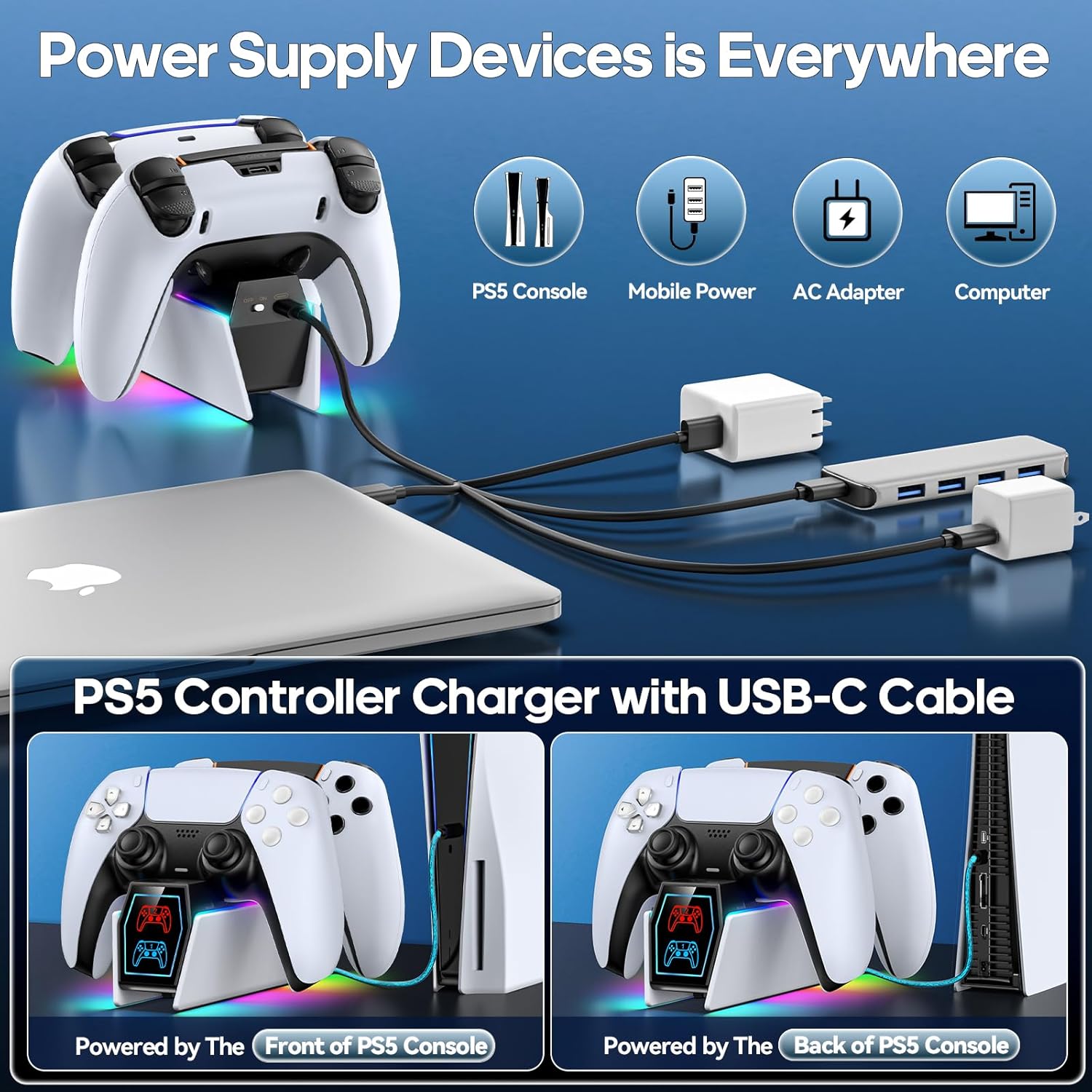 Detalle de Tokluck PS5 Controller Charger Station with LED indicators