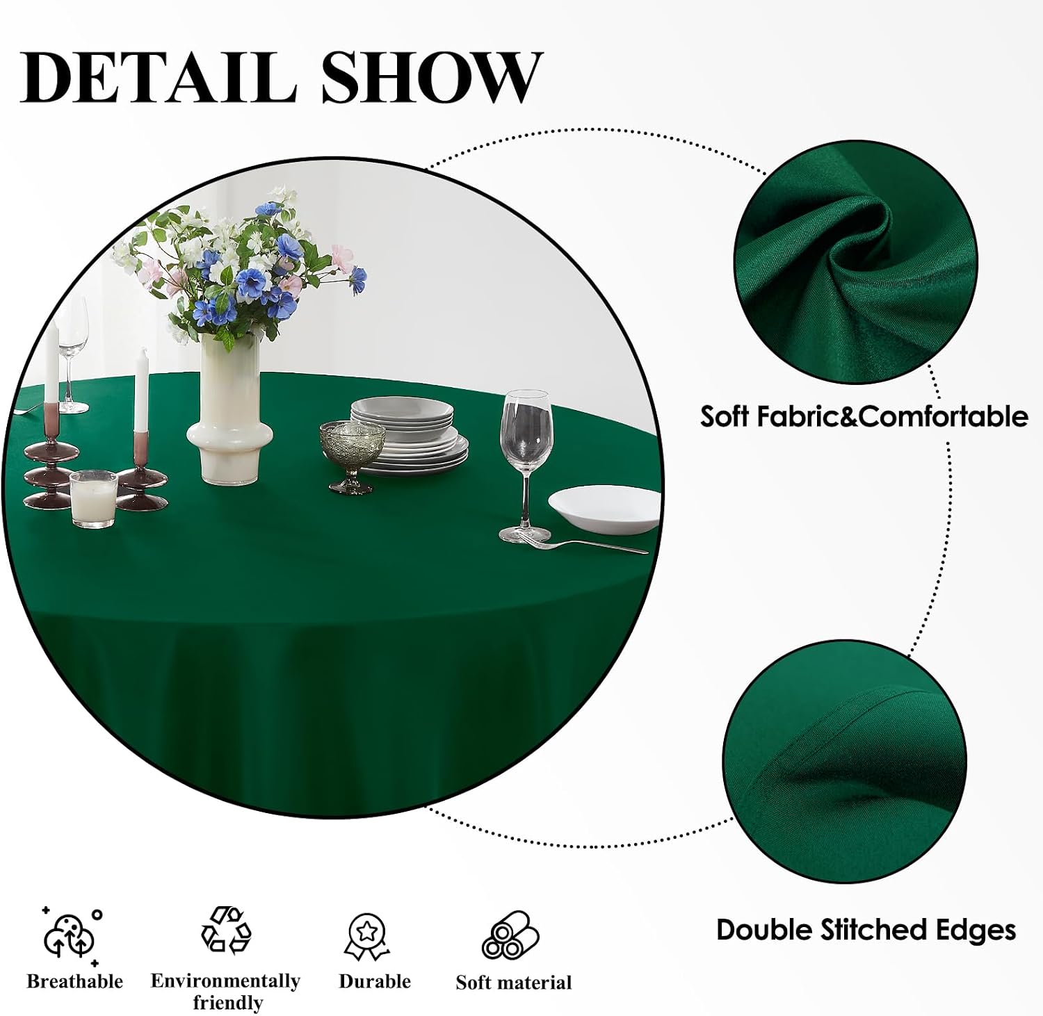 Detalle 2 de Aocoz Round Tablecloth 120 Inch Dark Green