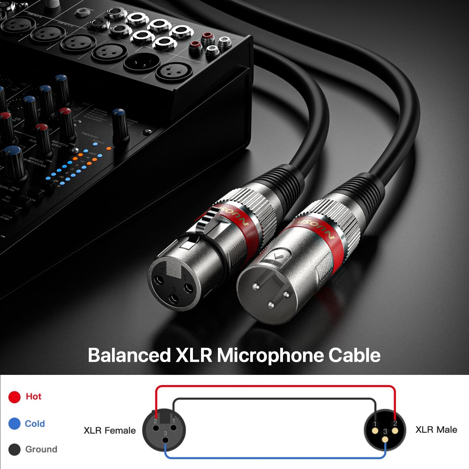 Detalle de NUOSIYA XLR Kabel 1m – 2er Pack, symmetrische 3-polige XLR-Audiokabel für Mikrofon, Mixer und Studio-Setup