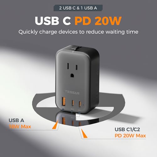 Detalle de TESSAN Travel Adapter 009: PD 20W Universal Power Adapter with 2 USB-C and 1 USB-A