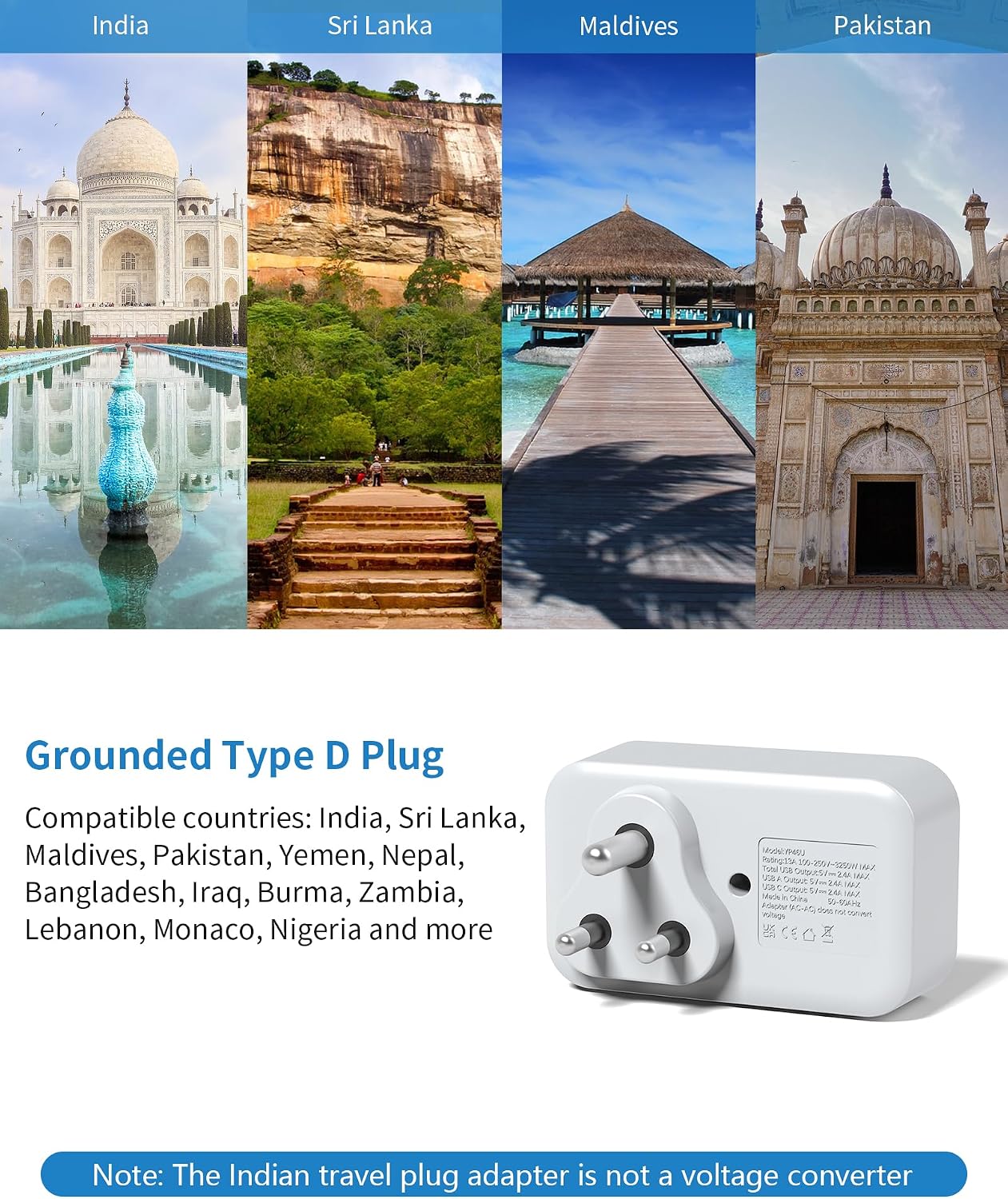 Detalle 2 de MSCIEN India Type D UK to India Plug Adapter with USB ⚡