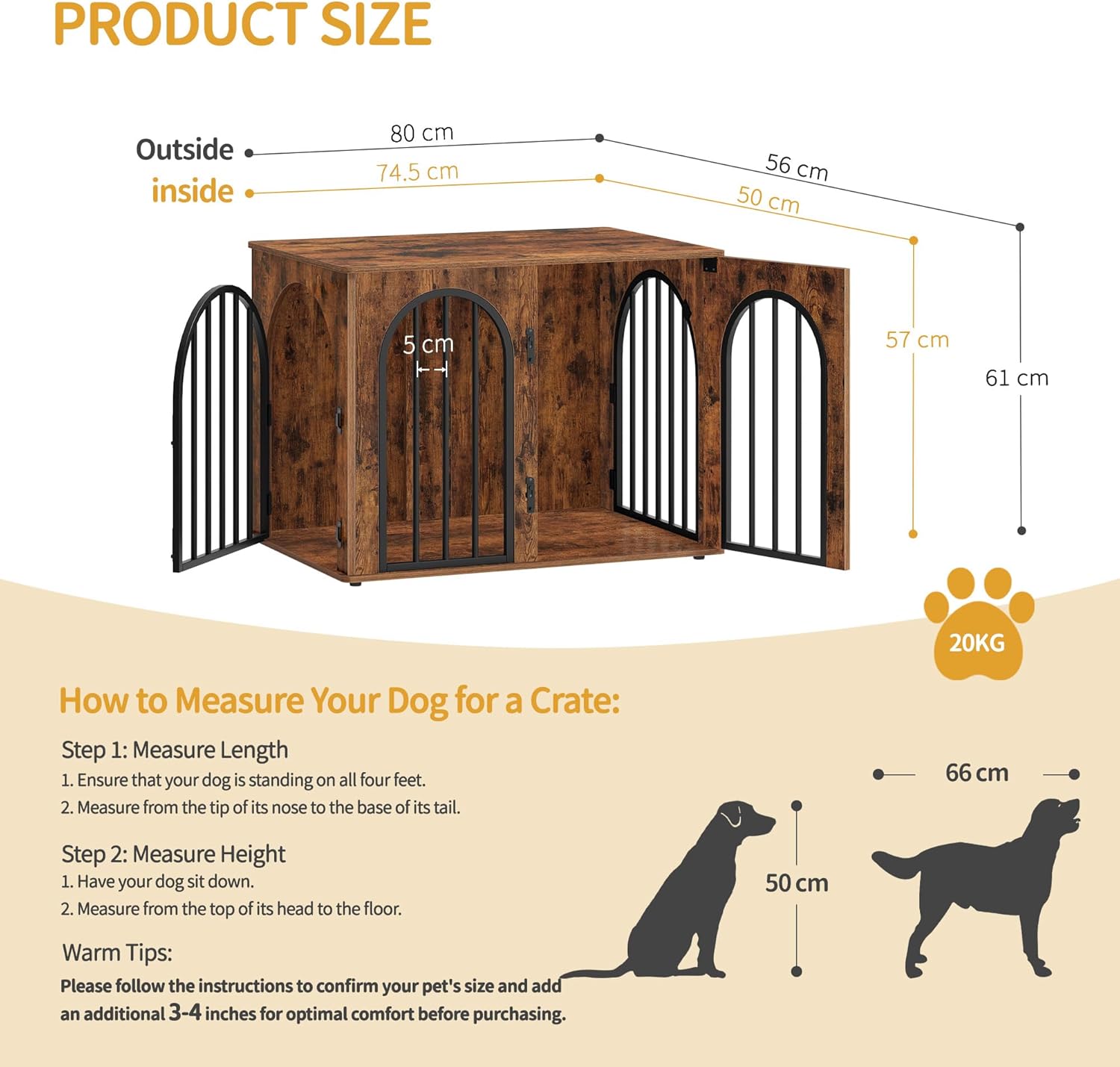 Detalle de Hzuaneri cage pour chiens 80 cm avec 3 portes et arche d’accès DFC85101B (marron rustique)