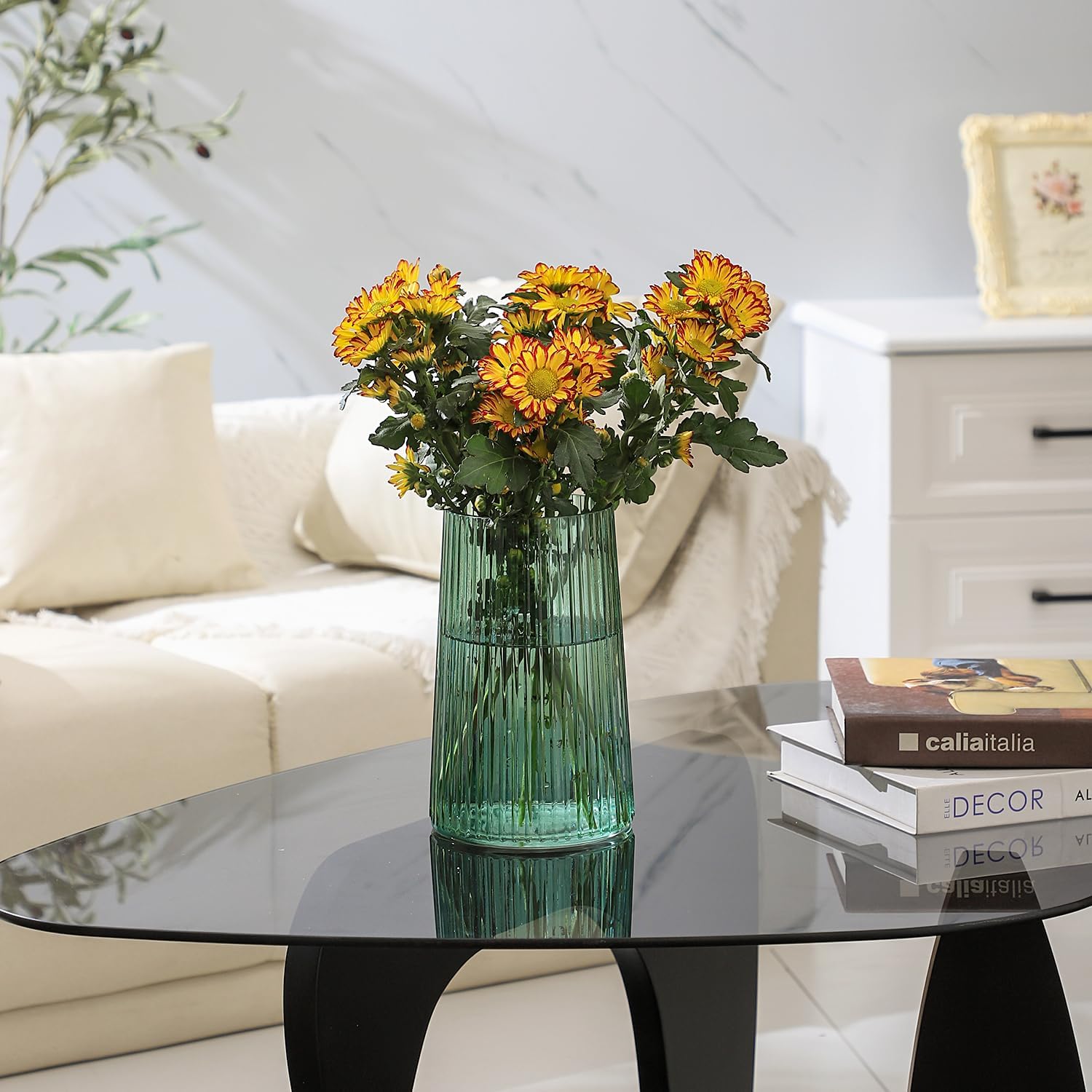 Detalle de KAYLETIN glazen vaas, groen en geribbeld, 20 cm, ovale vorm
