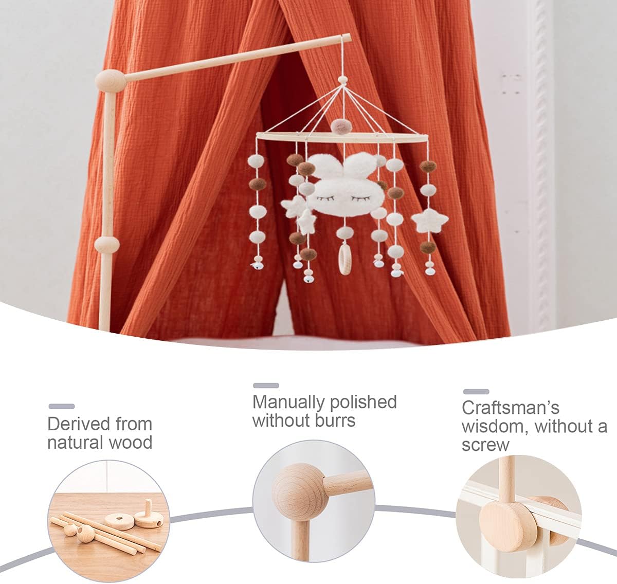 Detalle de Wooden Baby Mobile Crib Holder for Cot 🎈