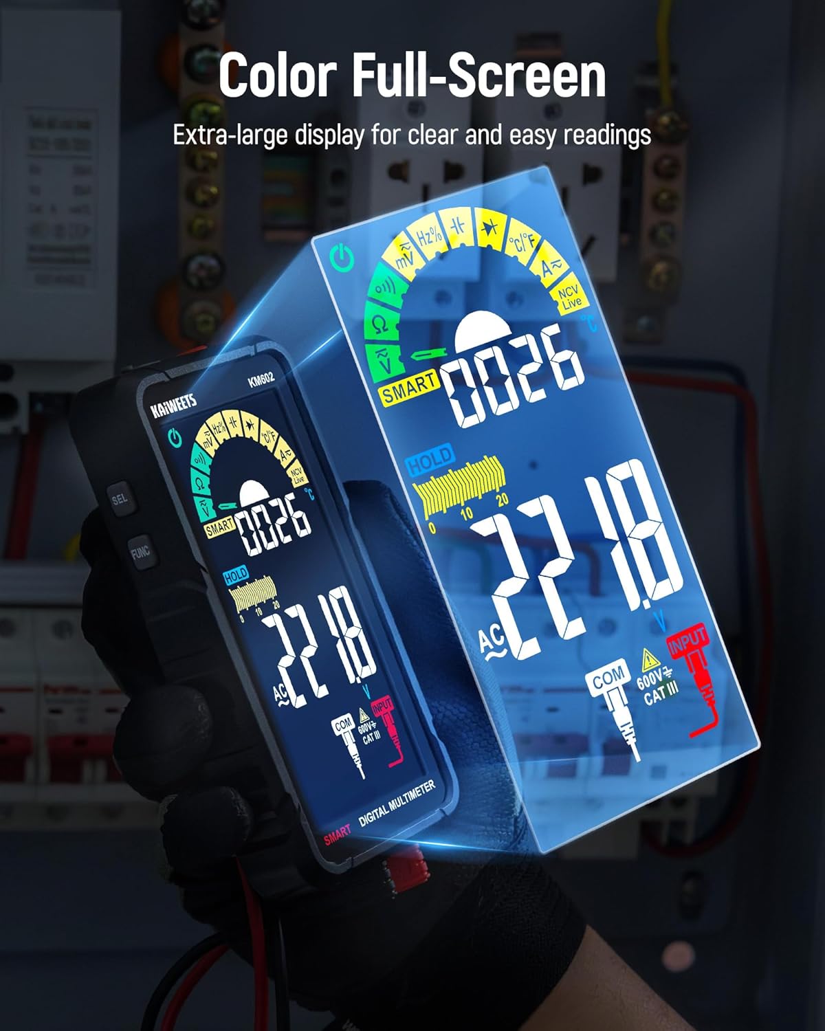 Detalle 2 de KAIWEETS KM602 Smart Digital Multimeter (4.7-inch) rechargeable tester with 6000 counts and T-RMS
