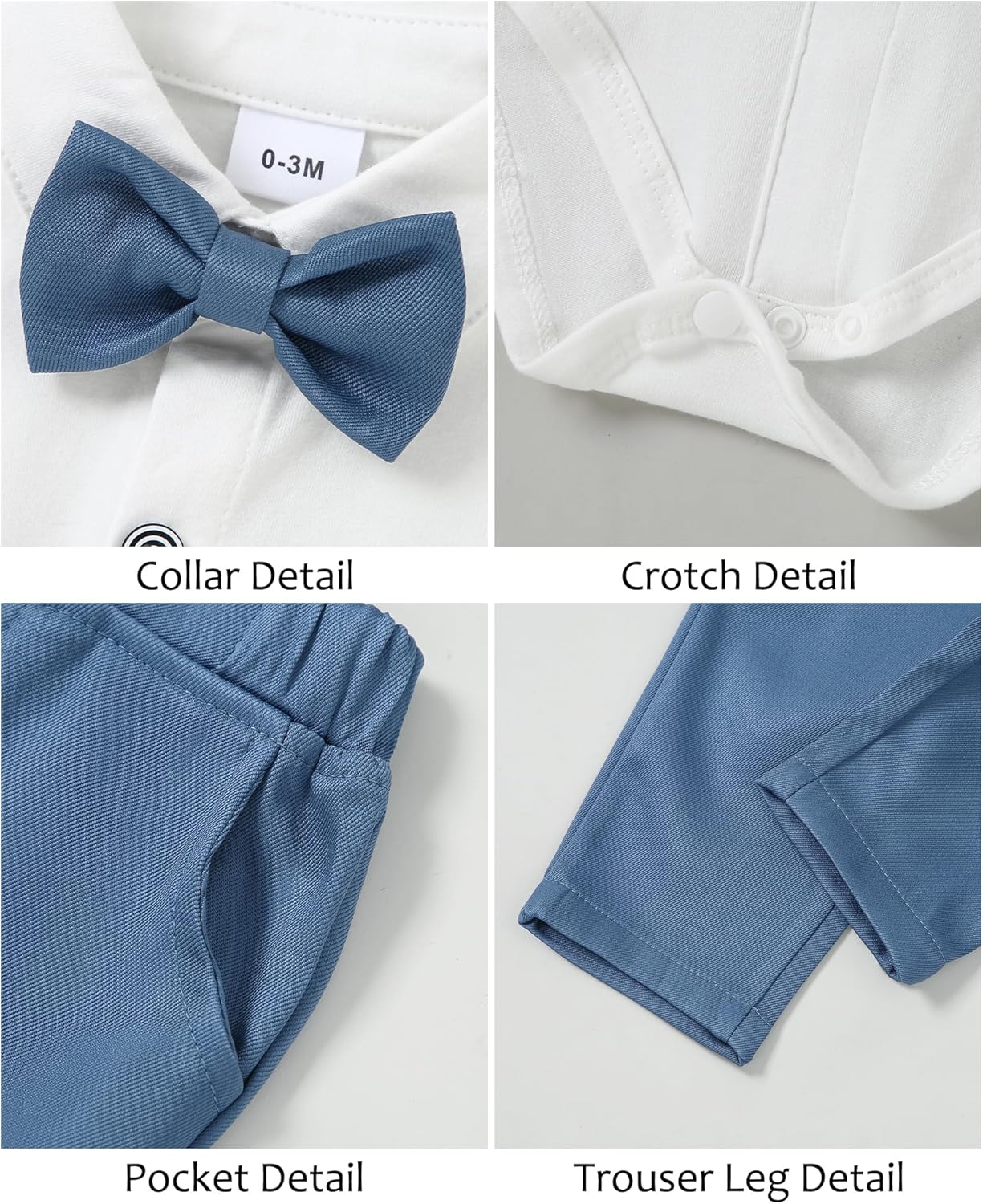Detalle 2 de Baby-Jungen Gentleman-Set (0–18 Monate) von ZOEREA: Langarm-Strampler mit Fliege, Weste, Korsage & Hosenträger