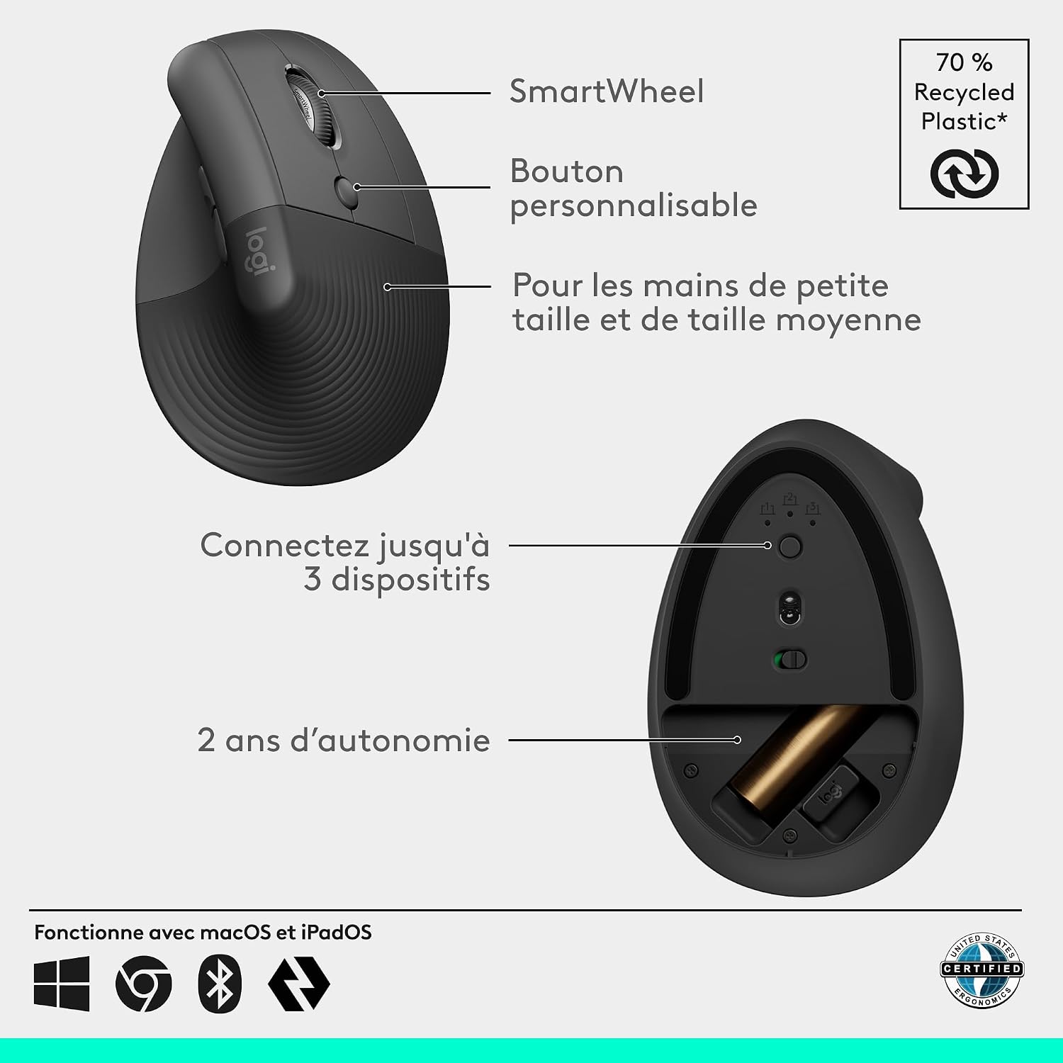 Thumbnail 4 de Logitech Lift Souris Ergonomique Verticale — confort durable pour droitiers, petites et moyennes mains