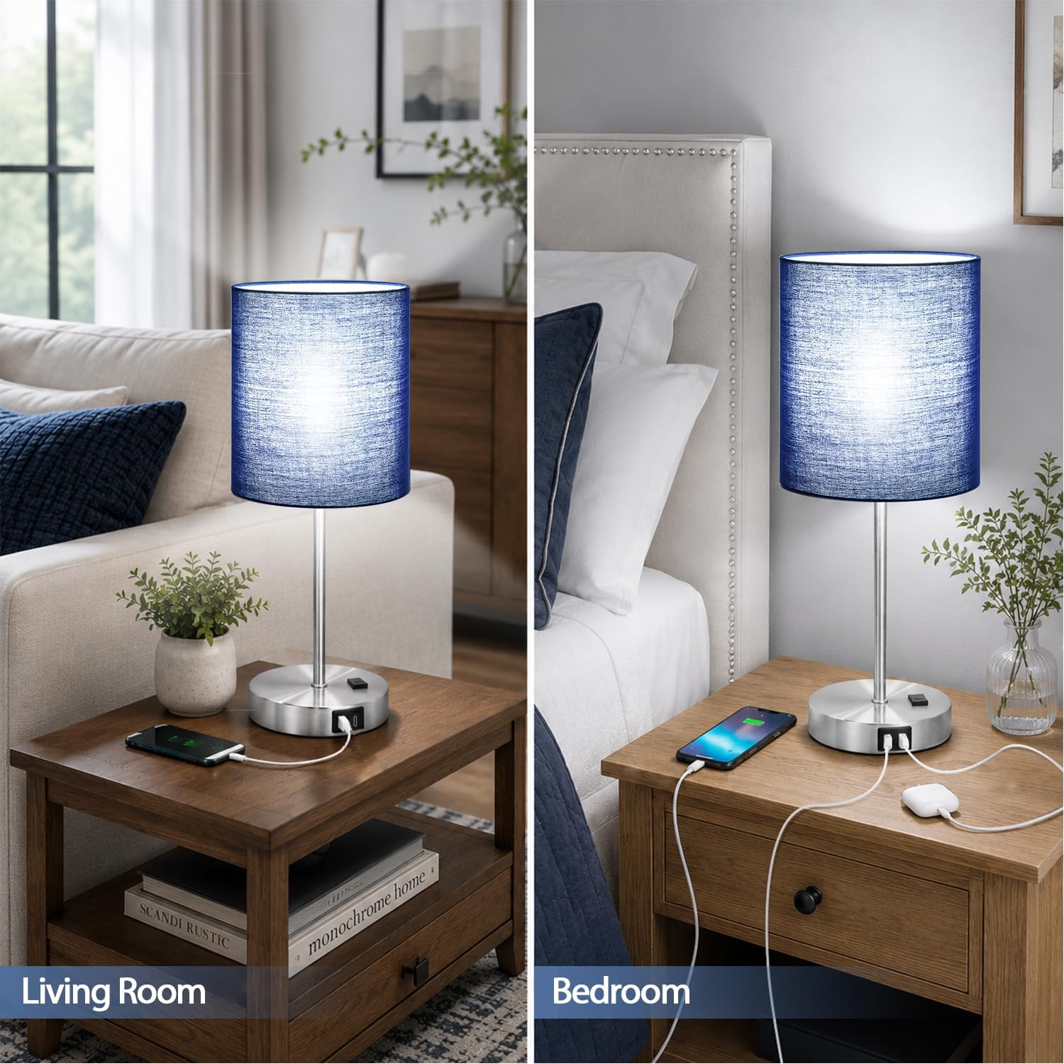 Detalle 2 de Lynnoland Touch Control Table Lamps, Set of 2, 3-Way Dimmable with USB Ports and AC Outlet