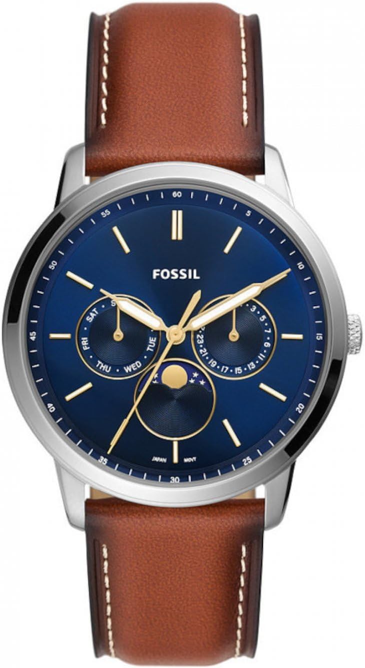 Detalle de Fossil Neutra Uhr für Herren – 42 mm Edelstahlgehäuse, Mondphasen, blaues Zifferblatt, LiteHide-Lederband