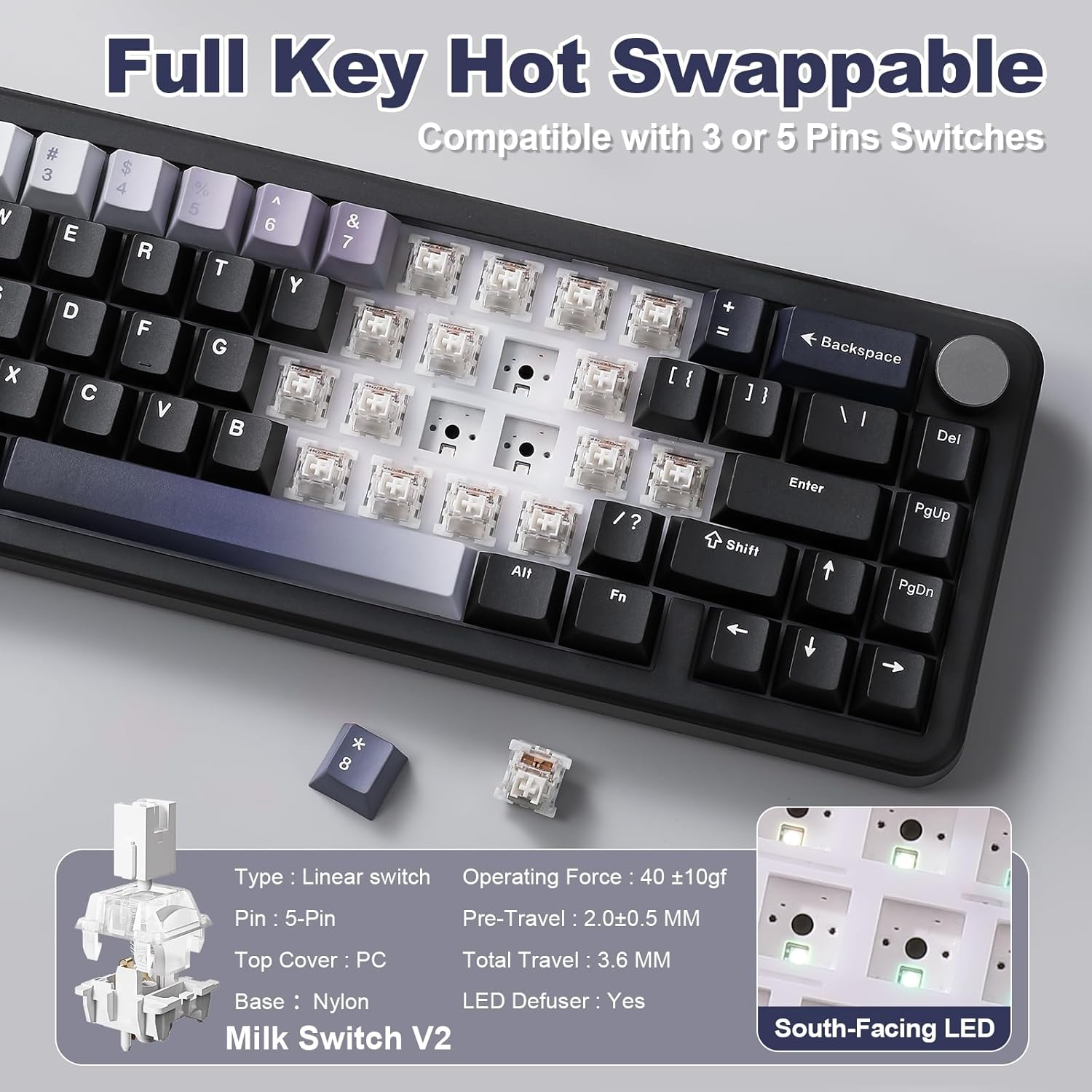 Detalle de YUNZII B68 Wireless Mechanical Keyboard — Tri-Mode, Hot-Swappable, Gasket Mounted with RGB and NKRO